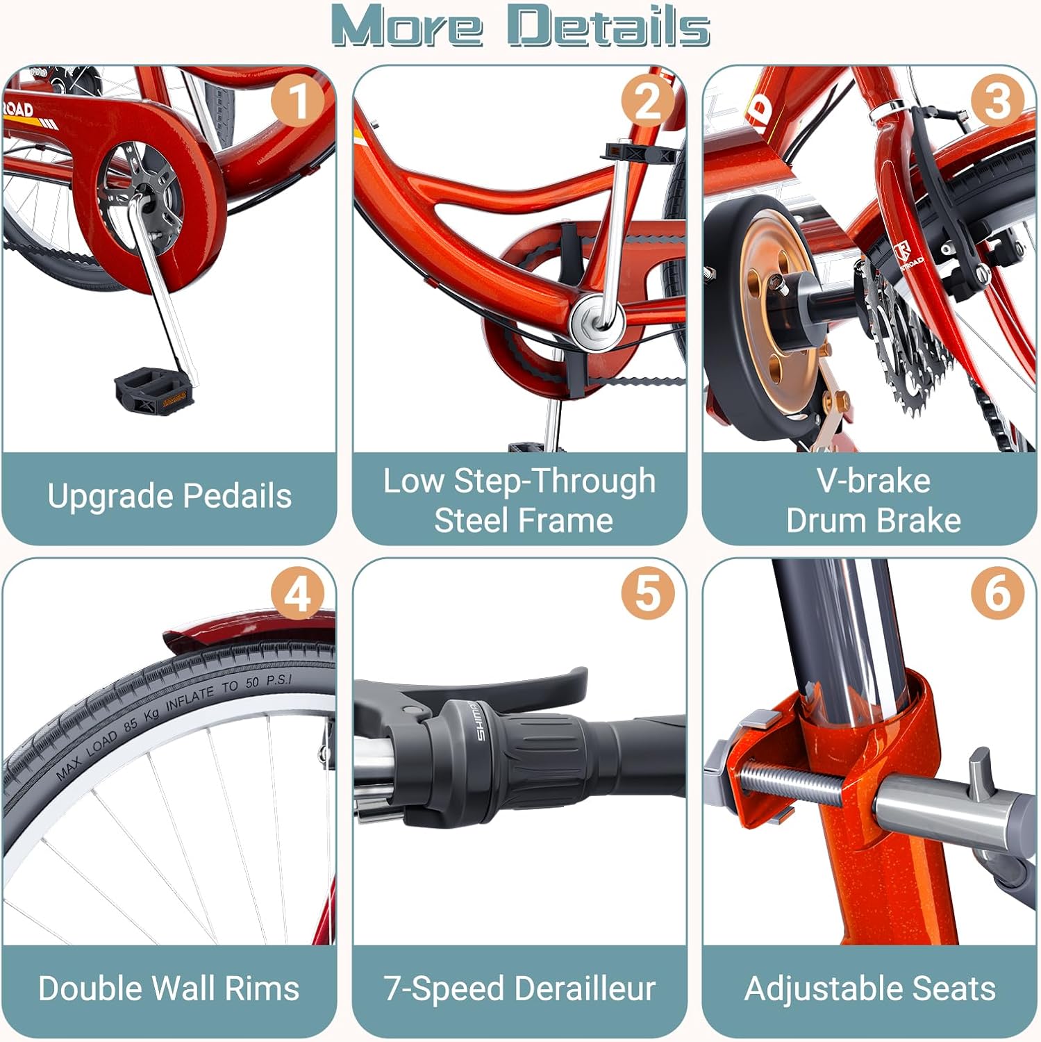 7 Speed Adult Tricycle, 24 inch Cruiser Trike with Large Basket for Women Men Seniors, 3 Wheel Bike for Outdoor, Shopping, Recreation, Picnic (Red)