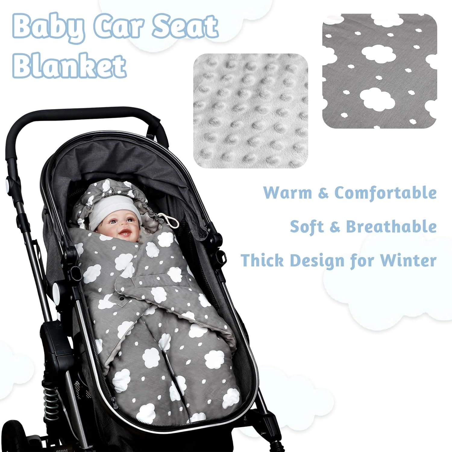 Baby Car Seat Blanket, Winter Car Seat Covers for Babies, Warm Carseat Swaddle Blankets, Thicken Stroller Sleeping Bunting Bag for Infants Boy & Girl, Grey Cloud
