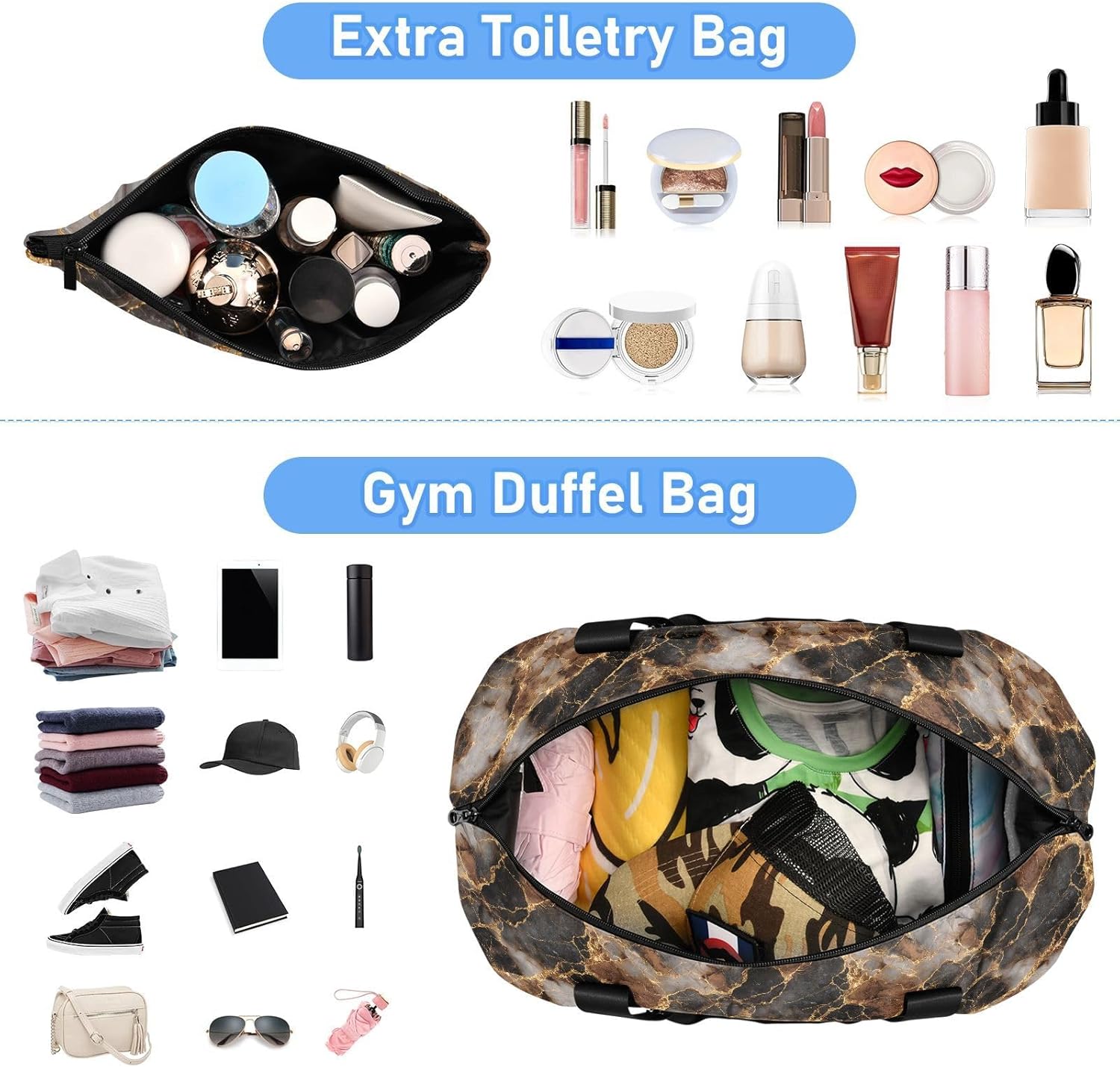 Multifunctional Large Bag Brown Marble Gold Sports Gym Tote Bag with Adjustable Strap for Hiking