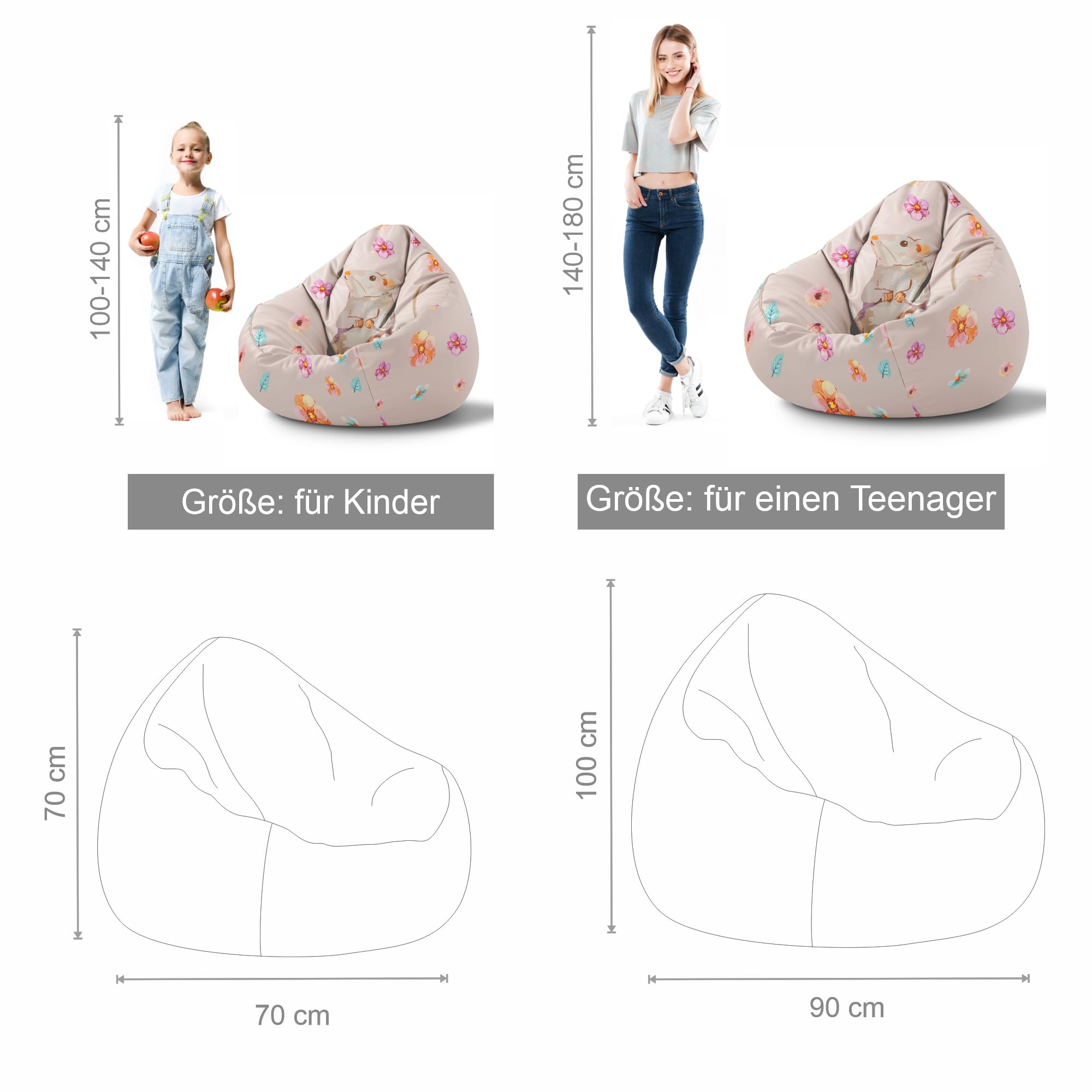 DreamRoots Sitzsack Kinder mit füllung - Sitzkissen Kinder Boden - Kinderzimmer Möbel - Sitzsäcke fürs kinderzimmer - Bean Bag M Gray Mouse