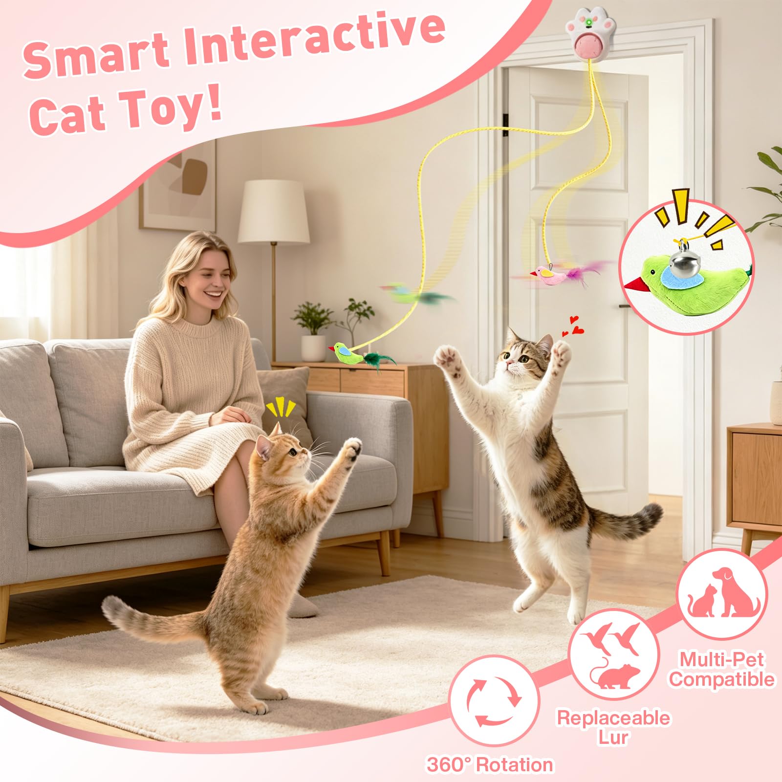 DoubleCare Juguetes interactivos para gatos de interior, juguete automático de plumas de pájaro volador para gatitos aburridos y gatos adultos, manos libres o de mano, rosa