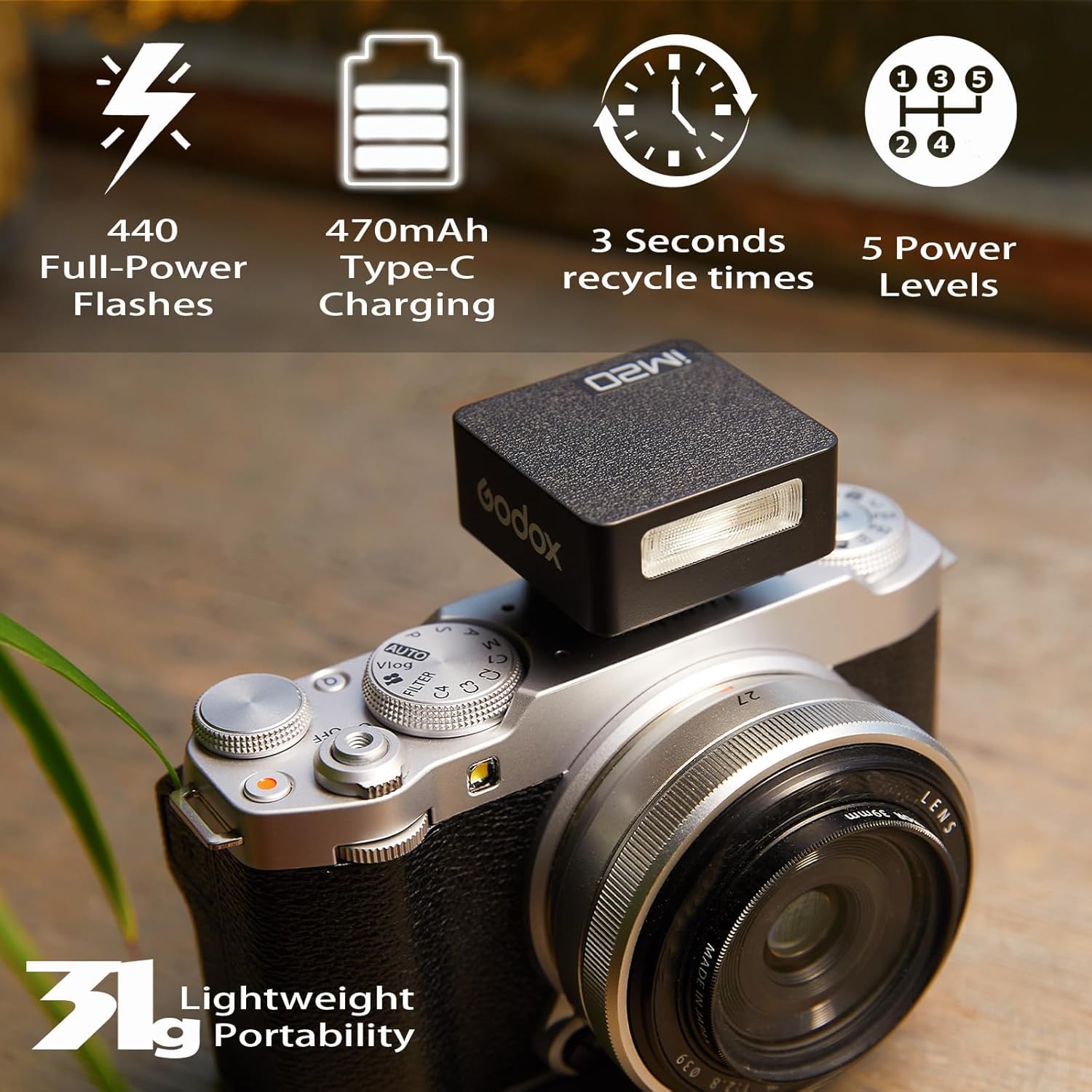 Godox iM20 Mini Flash Manuale per Fotocamera, 5 Livelli di Uscita, 440 Lampi a Piena Potenza, Ricarica USB-C