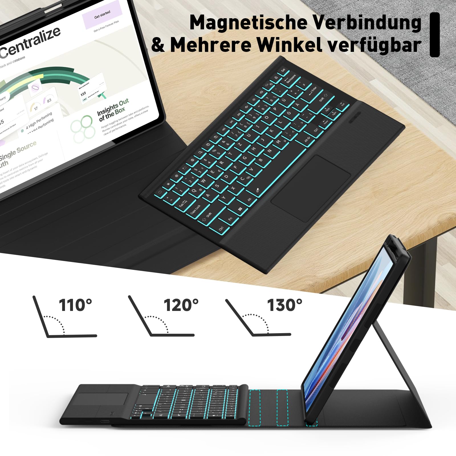 Tastatur mit Hülle für Lenovo Idea Tab Pro 2025 12.7 Zoll, Bluetooth Kabellose Tastatur mit Trackpad, Wiederaufladbar & Abnehmbar & 7 farbige Beleuchtung & QWERTZ, Schwarz