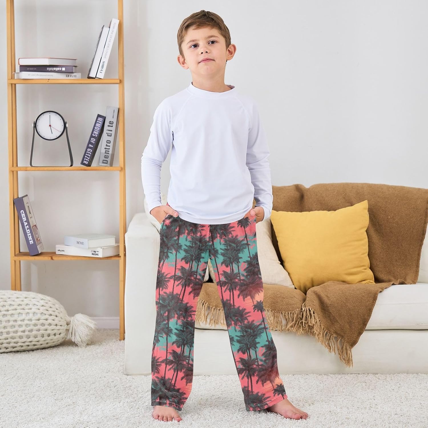 Retro Palm Trees Sunset Boys Pants for Kids Fleece Bottoms Long Jogger Pants Trousers with Pockets Size 6-14Y