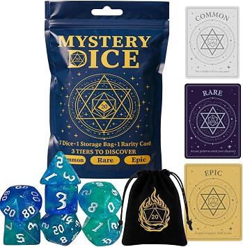 Mystery Dice Set of 7 Polyhedral Dice, DND Dice Set with Storage Bag and Rarity Card, RPG Dice, for Role Playing, Table Games 1 Pack