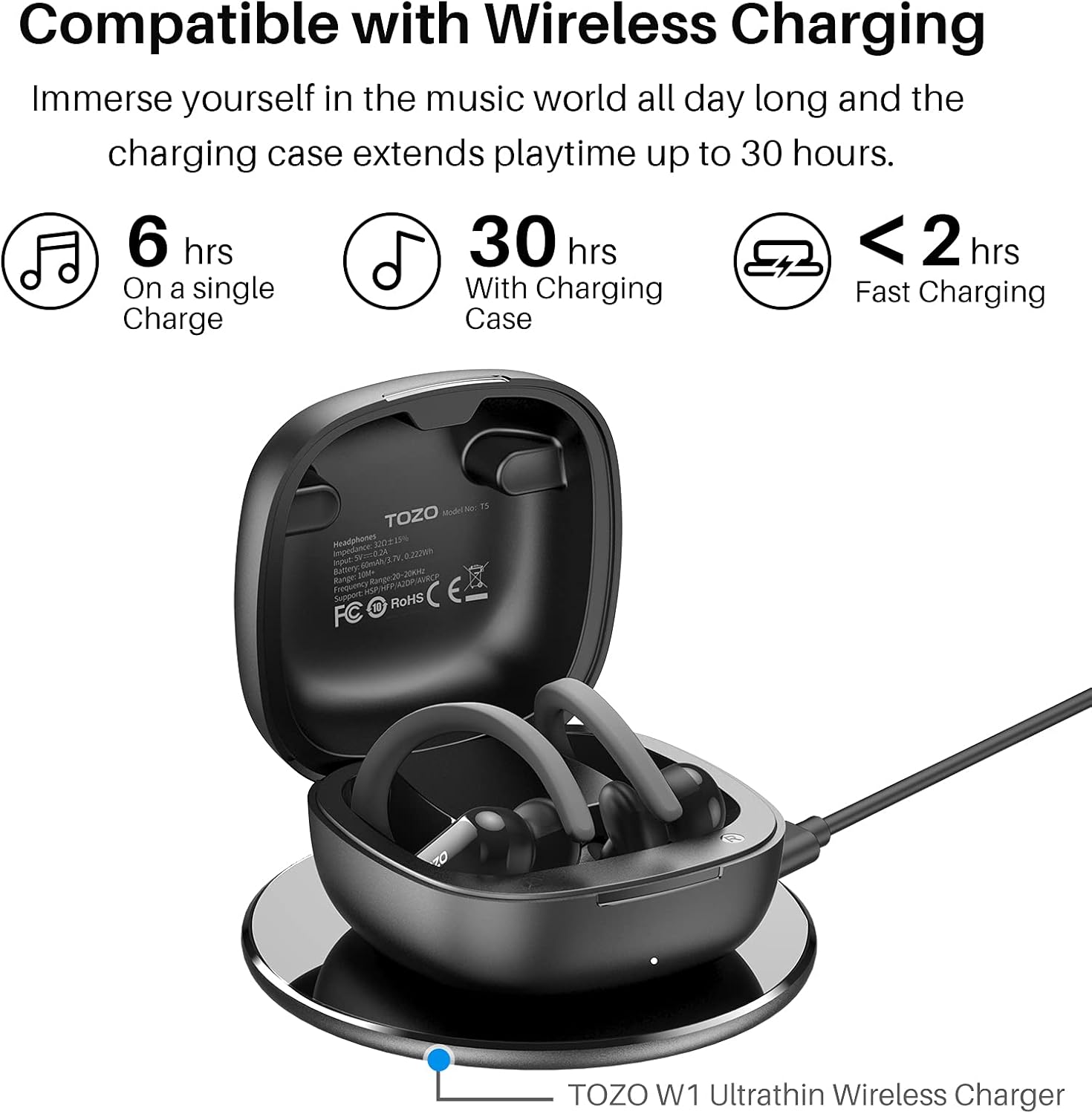 TOZO T5 Charging Case on a Wireless Charger