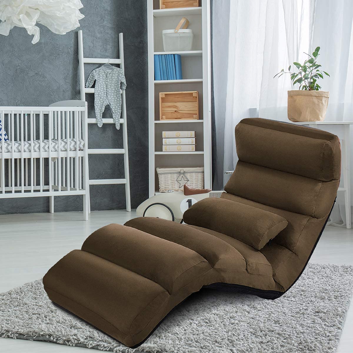 FANTASK Relaxliege klappbar, Bodenstuhl mit Verstellbarer Rückenlehne, Bodenliege mit Schlaffunktion, Bodensofa, Bodensessel, Braun