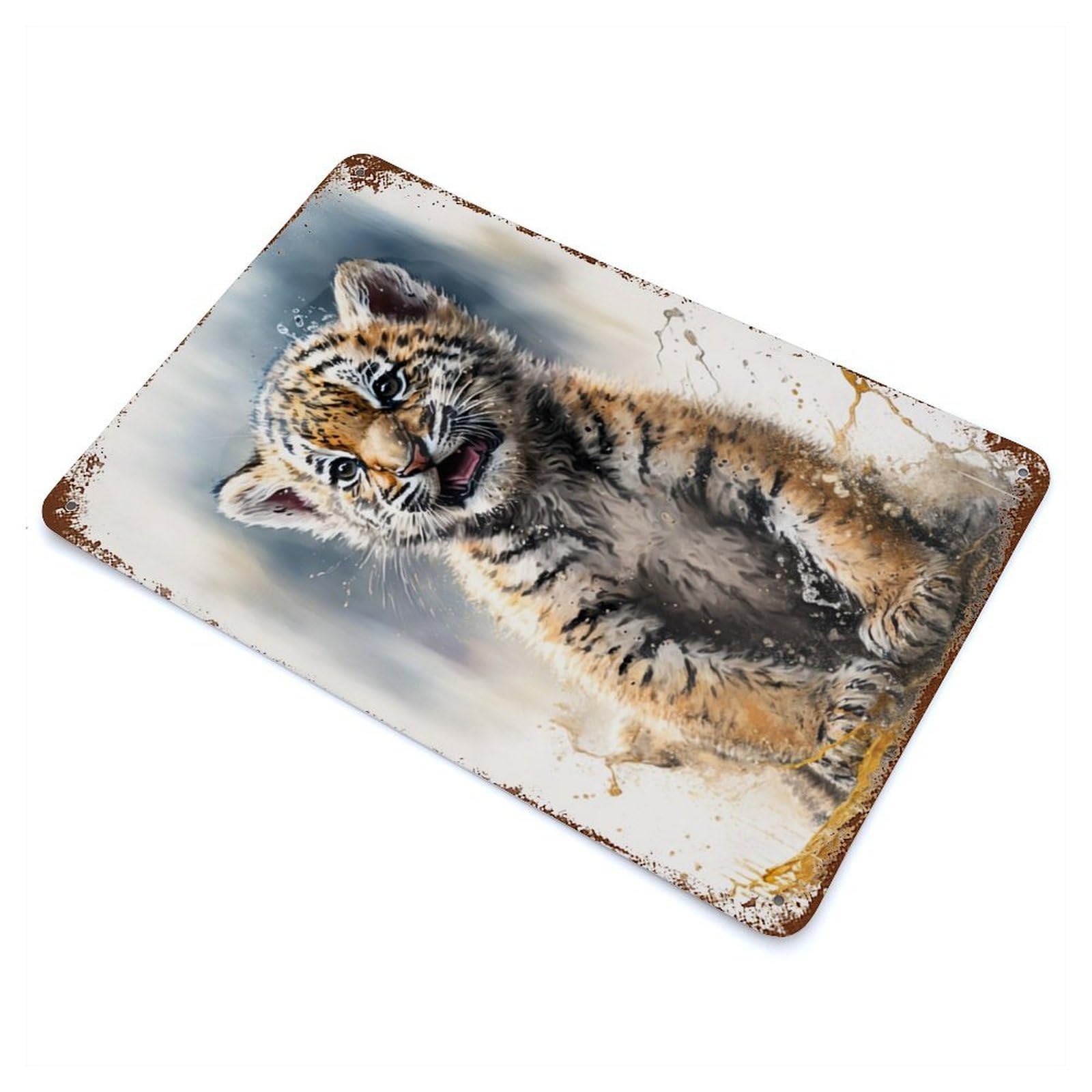Weathered Tin Sign with Tiger Watercolor Drawing Design 11.8"x7.9", for Garage, Bar And Workshop Decor, Decorative Metal Wall Art