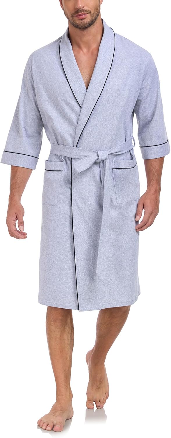 COLORFULLEAF 100% Cotton Men's Bathrobes Lightweight Short Sleeve Robes,Summer Soft Breathable Knit Spa Robe for Men