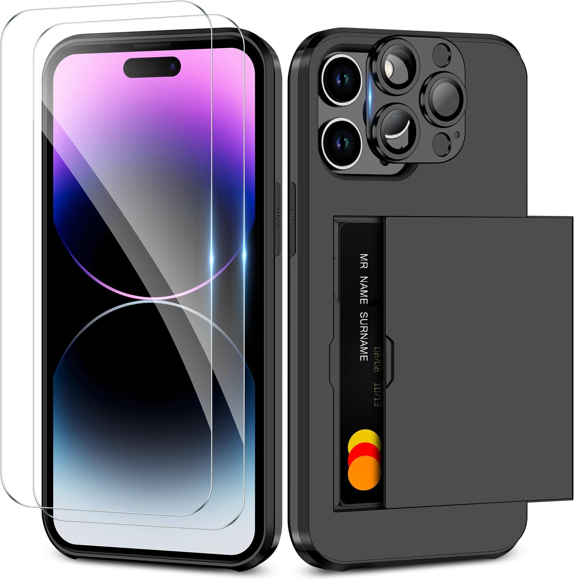 Coolden for iPhone 15 Pro Max Case with Card Holder & 2 Screen Protector + 1 Camera Lens Protector Heavy Duty Protective Case Shockproof Wallet Case Cover for iPhone 15 Pro Max Phone Case-Black