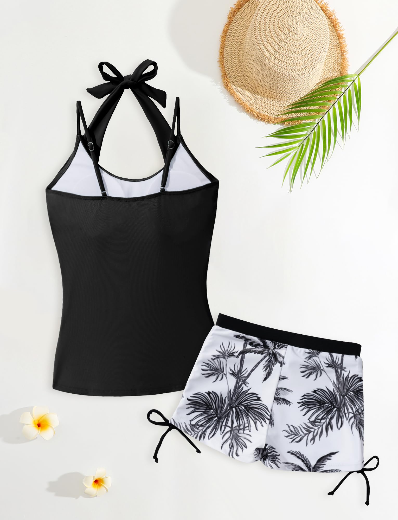 Happy Cherry Girls Two Piece Summer Swimsuits for Junior Cute Drawstring Tankini Set Vest Top with Swim Shorts Tropical Printed Beach Swimming Suits Trendy Halter Neck Swimwear Black 13-14 Years