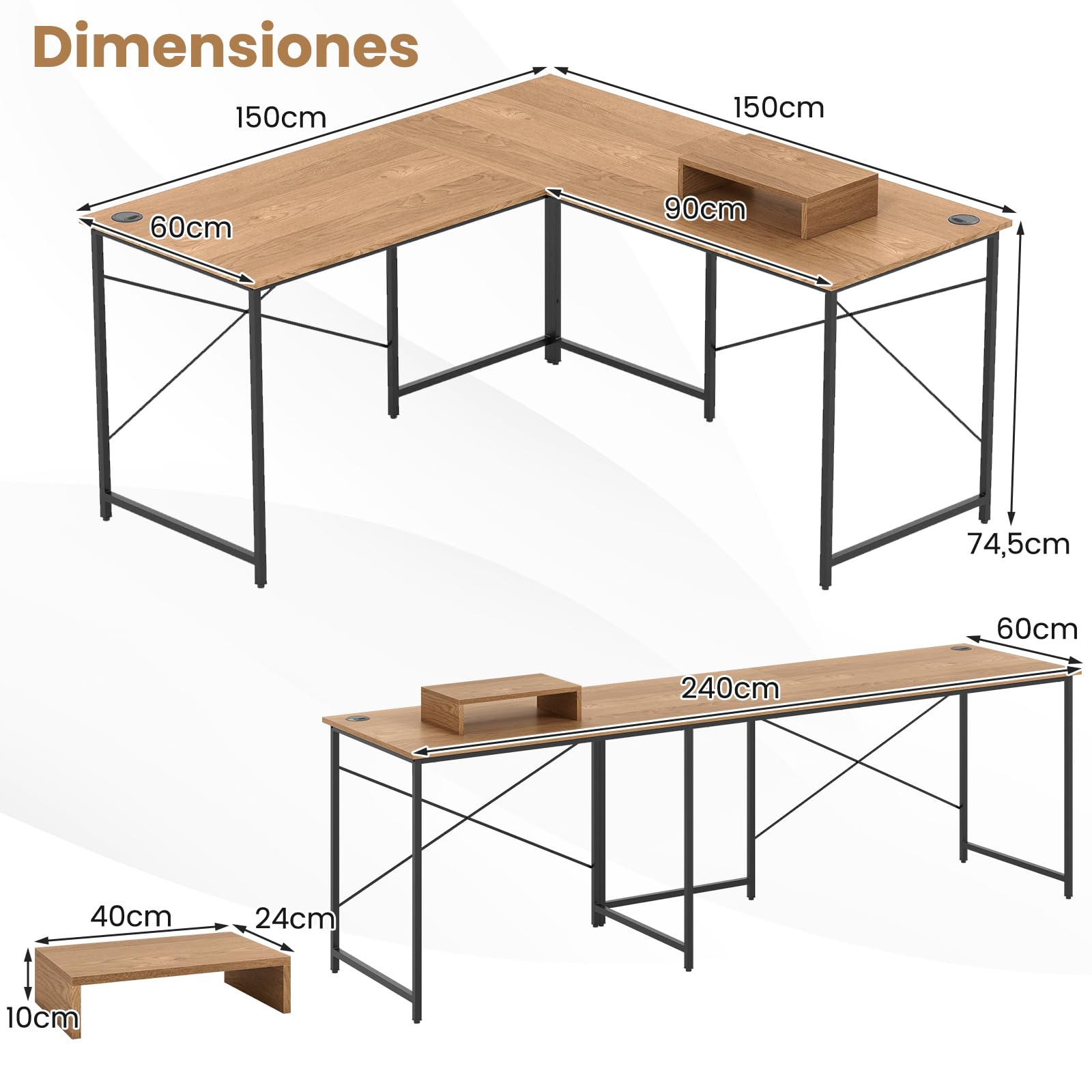 COSTWAY Escritorio de Ordenador en Forma de L, 3 Orificios para Cables, Estante Extra, 2 Formas, Mesa de Trabajo de 2 Personas，Mesa Escritorio Esquina Gaming, 240x60x74,5cm (Natural)