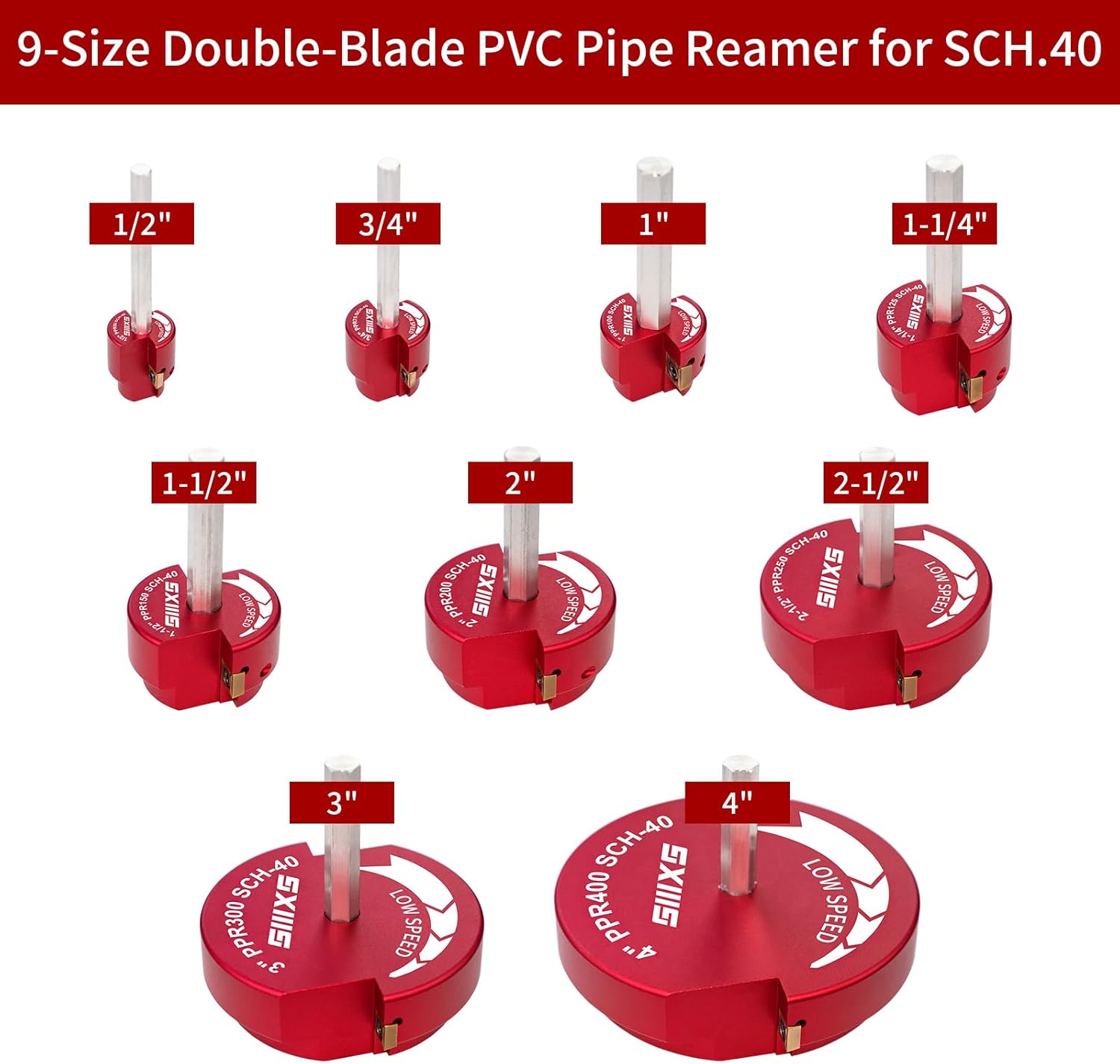 9Pcs Double Blade PVC Pipe Reamer, 1/2inch, 3/4inch, 1inch, 1-1/4inch,1-1/2inch, 2inch, 2-1/2inch,3inch, 4inch Head Aluminum, Fitting Saver, Socket Saver For SCH40, ABS PVC Pipe
