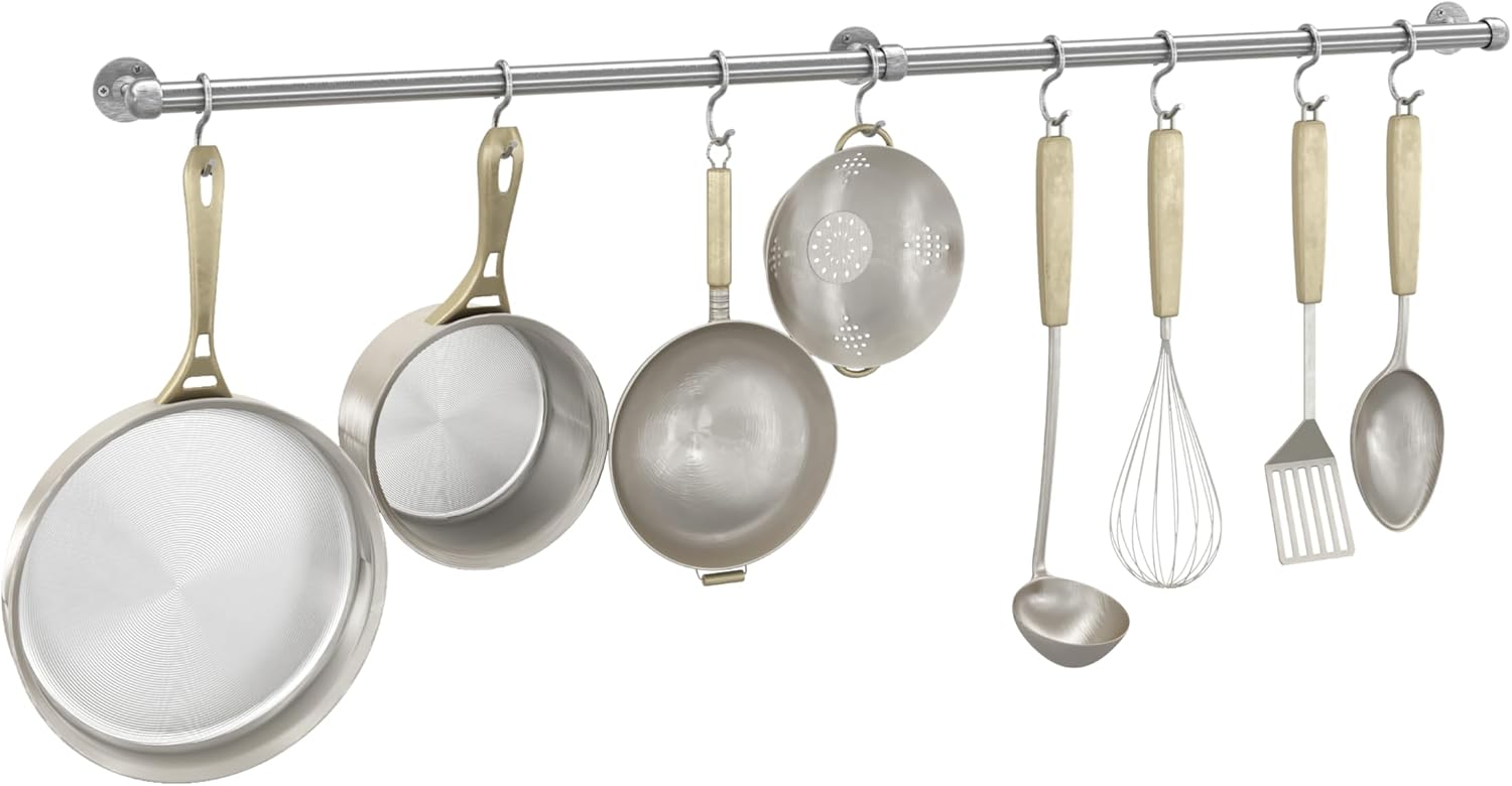 ROTHLEY Hanging Pot Rack Hanger: 39.4 Inch Stainless Steel Pot and Pan Hanger Pot Rack Wall Mounted Hanging Pots and Pans Rack Pot Hangers for Kitchen Wall Kitchen Rail with Hooks (Brushed) 39.4 inch Brushed
