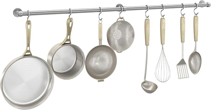 ROTHLEY Hanging Pot Rack Hanger: 39.4 Inch Stainless Steel Pot and Pan Hanger Pot Rack Wall Mounted Hanging Pots and Pans Rack Pot Hangers for Kitchen Wall Kitchen Rail with Hooks (Brushed)