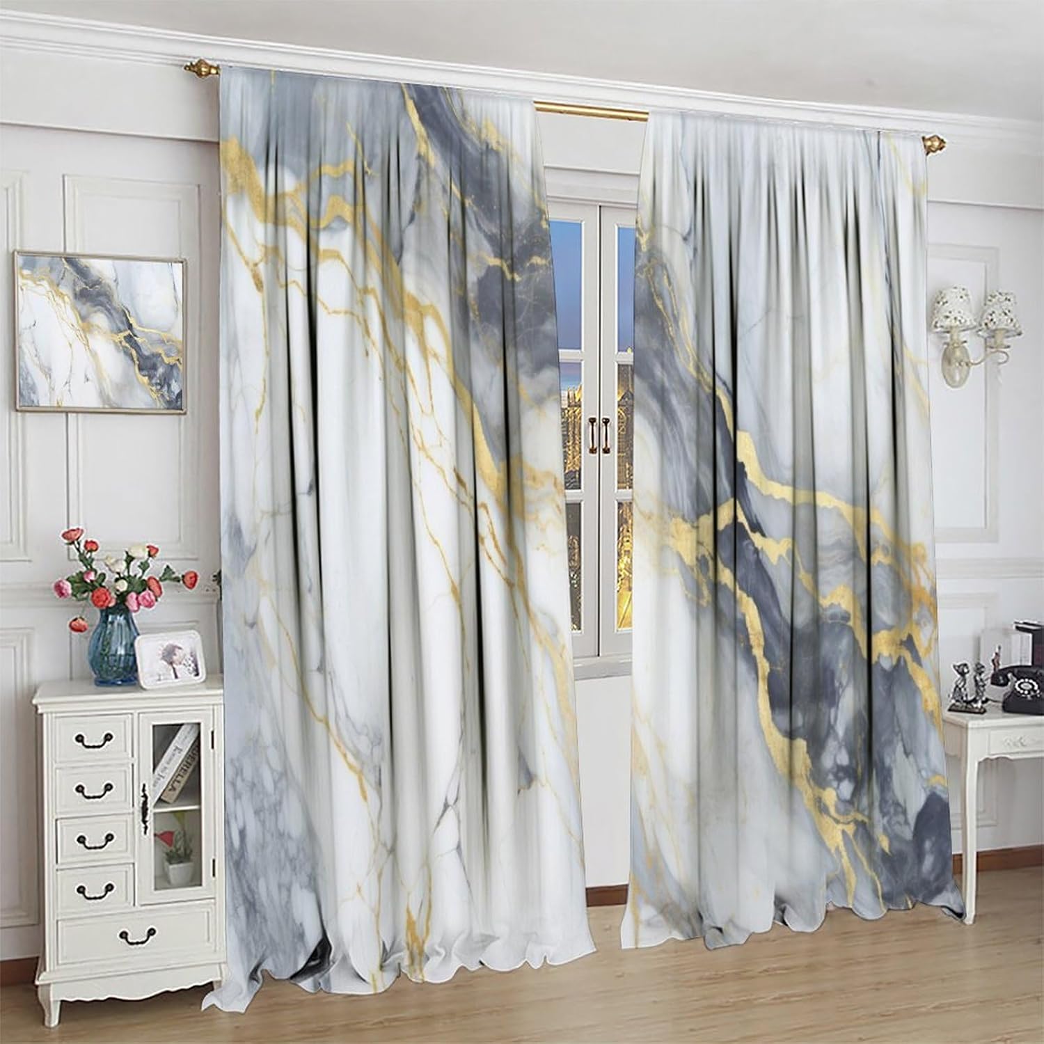 Marble Blackout Curtain for Living Room, Modern Abstract Foil Texture White Grey Gold Marble Rod Pocket Window Treatments 2 Panels Drapes for Living Room Bedroom Cafe Decor 72" W X 63" L