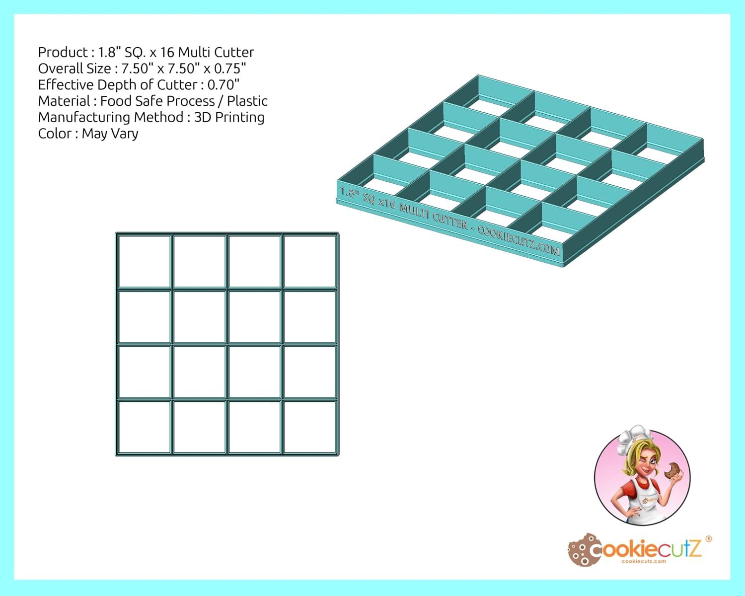 1.8" Squares x 16 Multi Cookie Cutter (7.5”x7.5”)