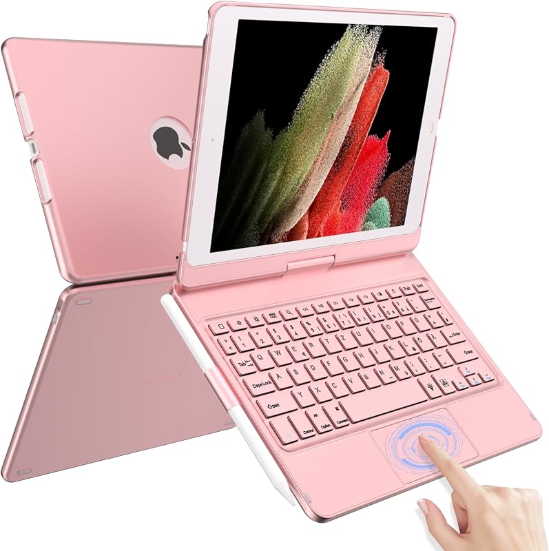 TQQ Billentyűzetes Tok iPad 10.2 Hüvelyk Trackpad-del, 360° Forgatható, 10 Színű Háttérvilágítás, Német QWERTZ Kiosztás, Rozé Arany