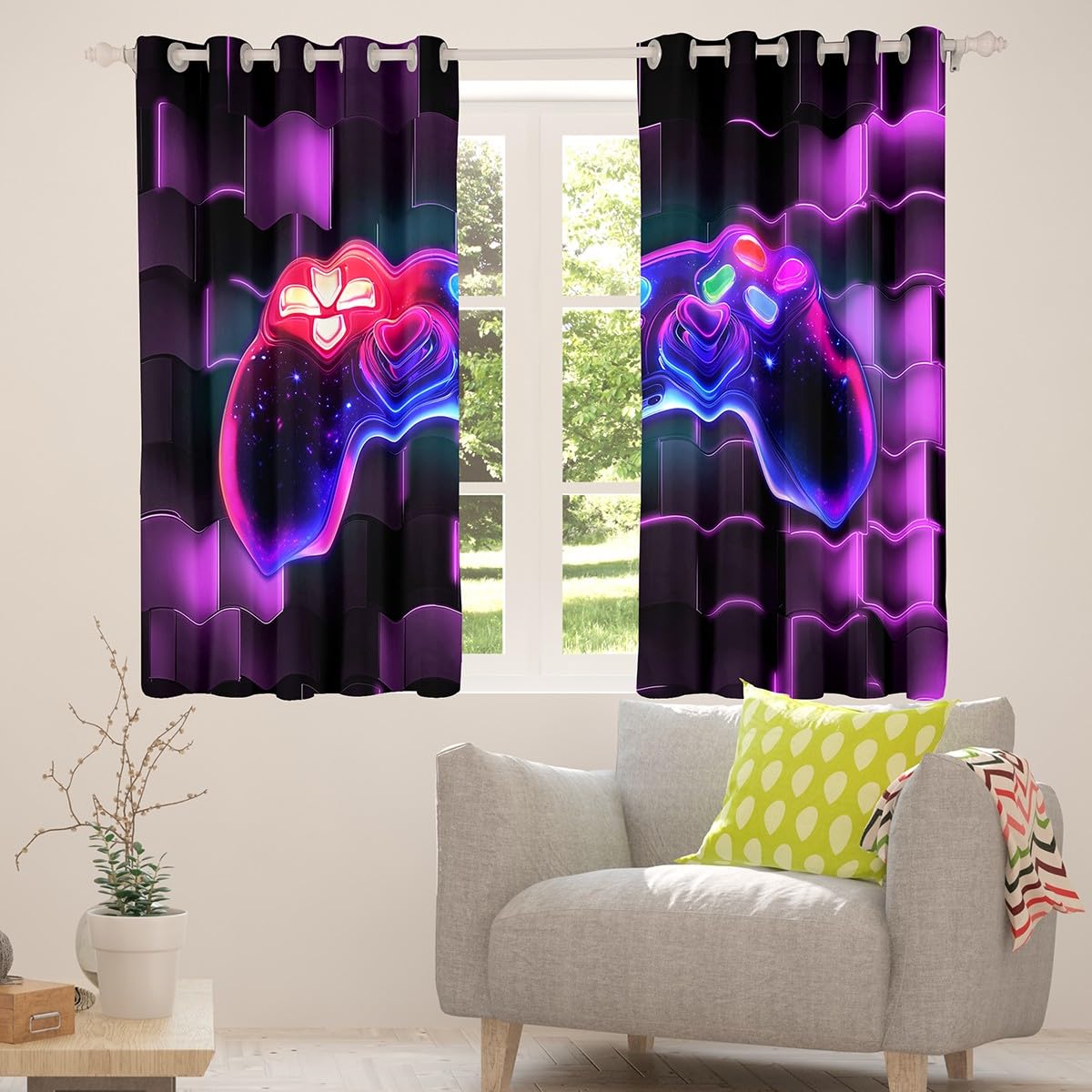 Homewish Rideau Gamer Violet, Rideaux Voilage Enfant Gaming Deco Chambre Ado Garcon, Rideau Occultant 30%-50% Jeux Vidéo, Voilage Fenetre Carrée Géométrique Lumineuse Au Néon, 117x183 cm Lot de 2