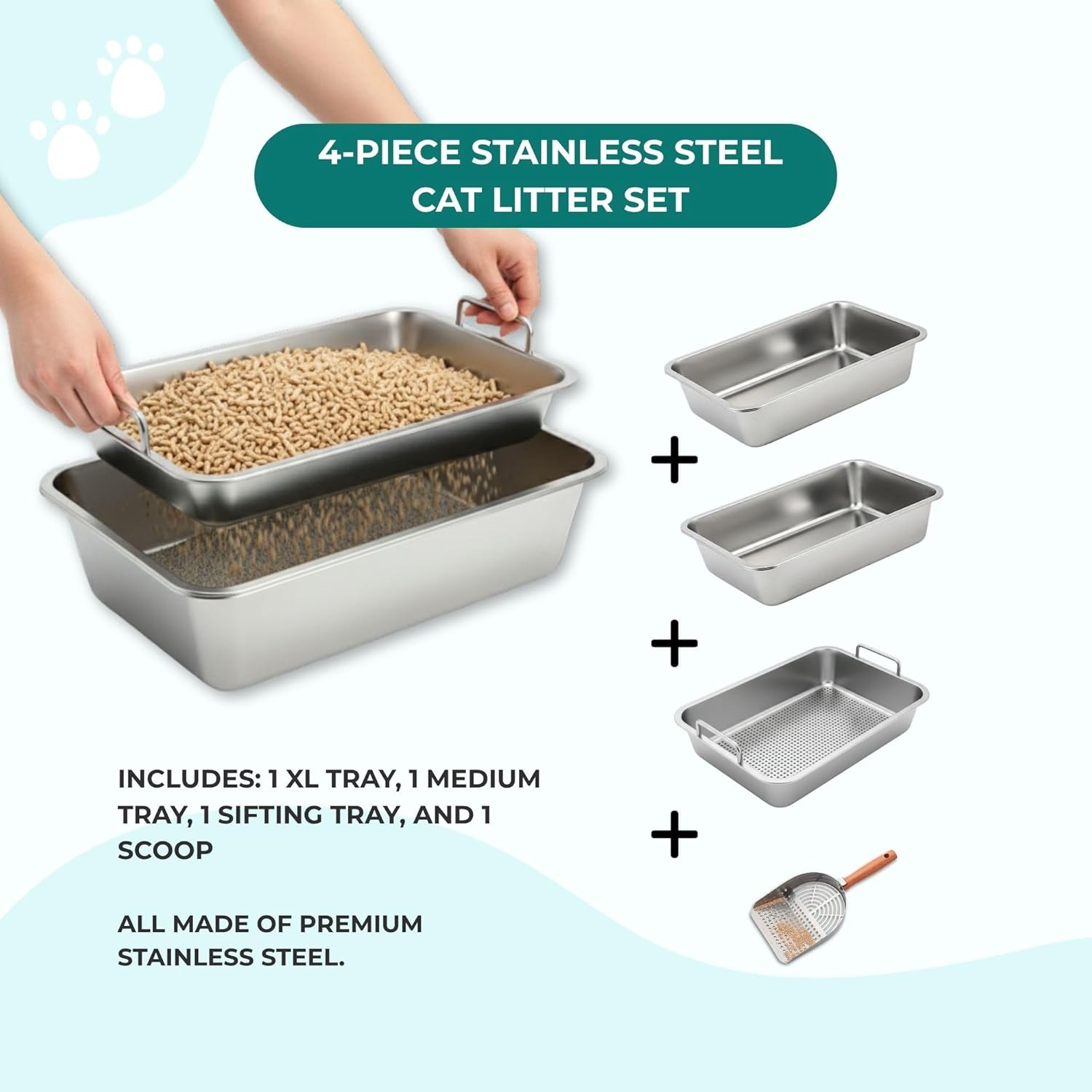 Stainless Steel Cat Litter Box Set – High Sided Metal Litter Box, 4-Piece Kit with 2 Large Trays (23.6” x 15.7” x 6”), Sifting Tray & Scoop, Easy Clean Non-Porous Surface