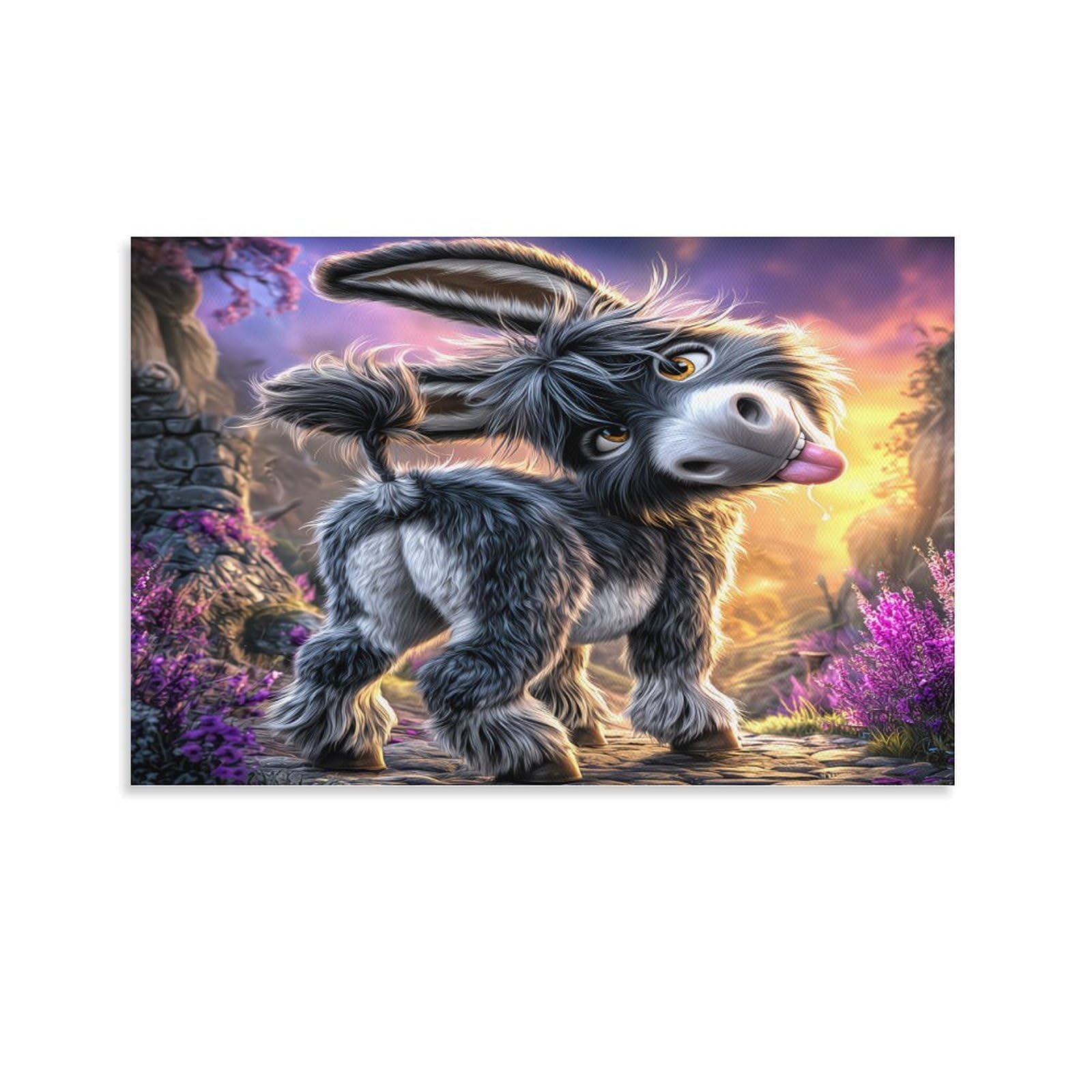 CPLVKWRQJ Cute Donkey Cartoon 1 Piece Fluffy Grey Donkey Purple Wildflower Woods Canvas Artwork - Living Room Gallery Wall Statement Piece Fade Resistant Decor 12x18inch(30x45cm)