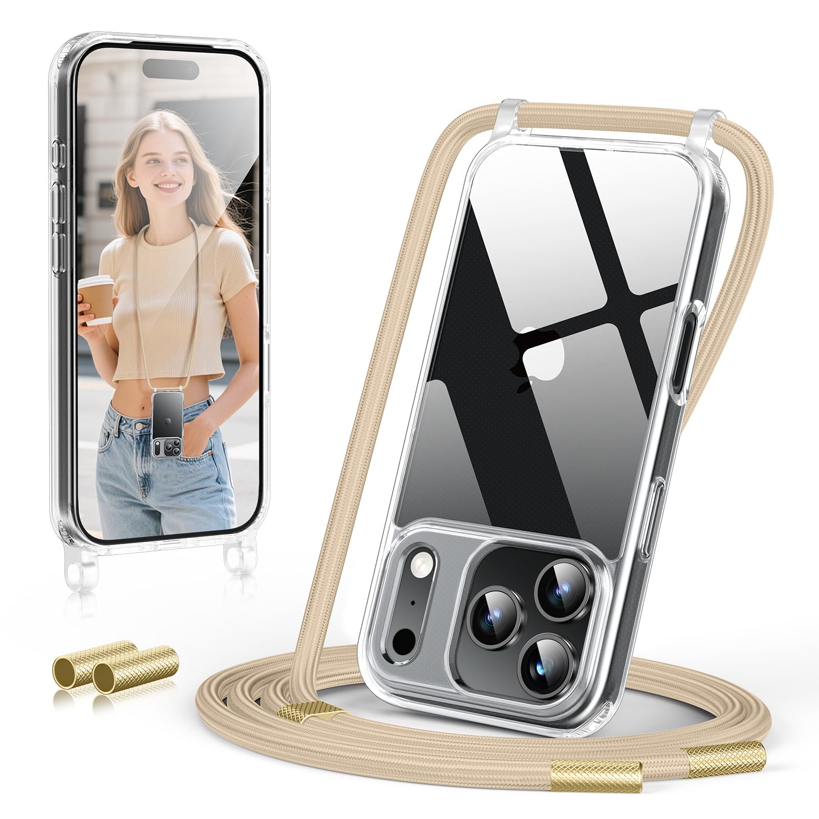 GOODVISH Cover Trasparente con Cordino per iPhone 17 Pro Max, Custodia con Regolabile Collana per iPhone 17 Pro Max 6.9", [Antiurto] [AntiGraffio] [Antiscivolo] Case con Laccio Tracoll,Color Crema