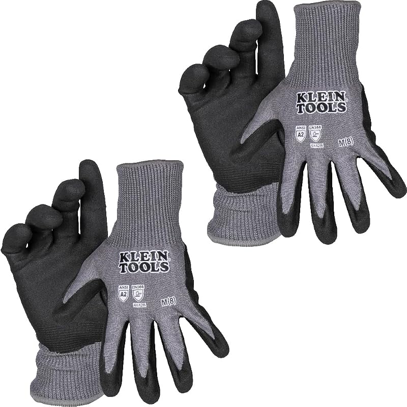 KLEIN TOOLS 60584 Work Gloves, Knit Dipped Cut Resistant ANSI A2 Nitrile Coated Gloves, HPPE Fabric, Touchscreen Capable, Medium, 2-Pair