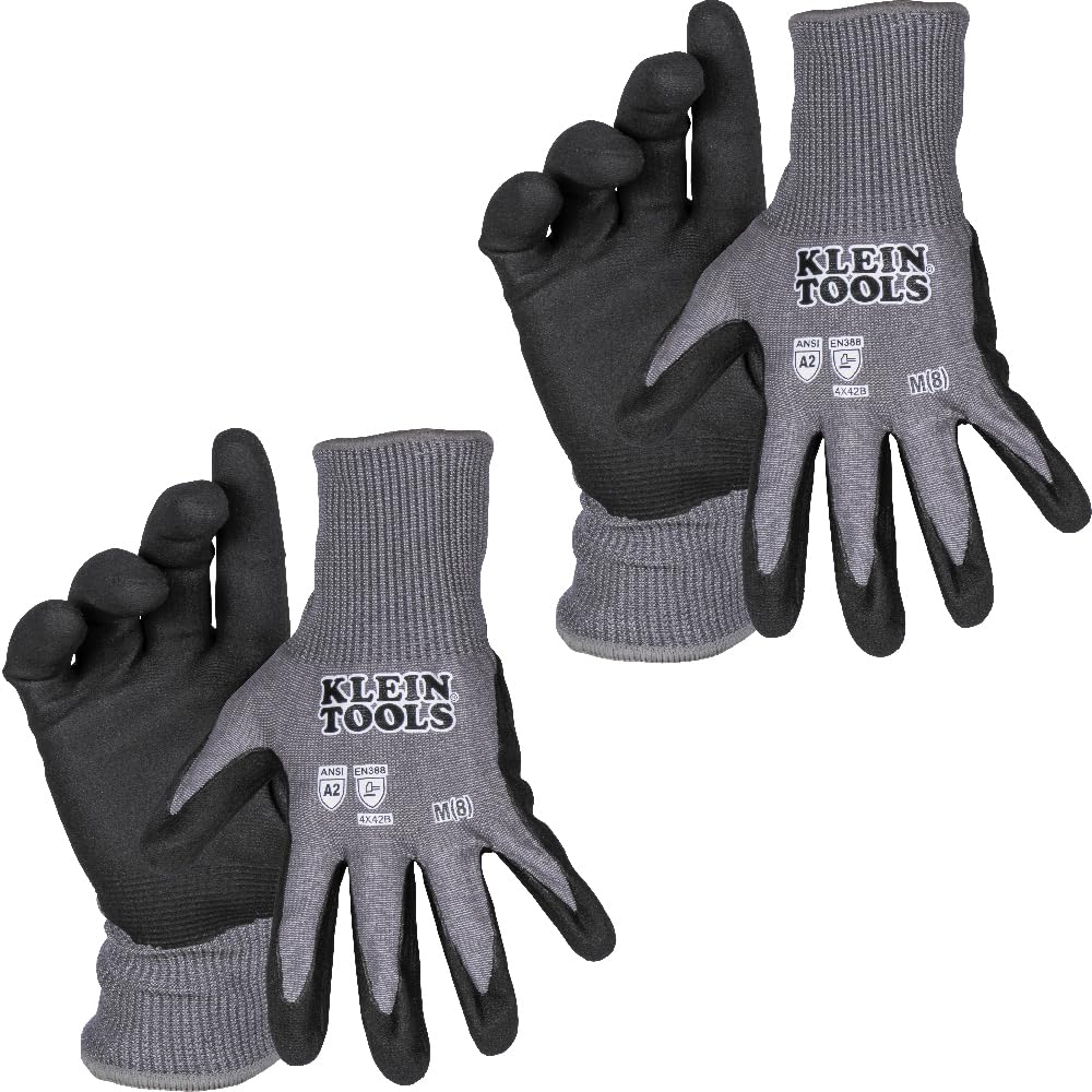 KLEIN TOOLS 60584 Work Gloves, Knit Dipped Cut Resistant ANSI A2 Nitrile Coated Gloves, HPPE Fabric, Touchscreen Capable, Medium, 2-Pair