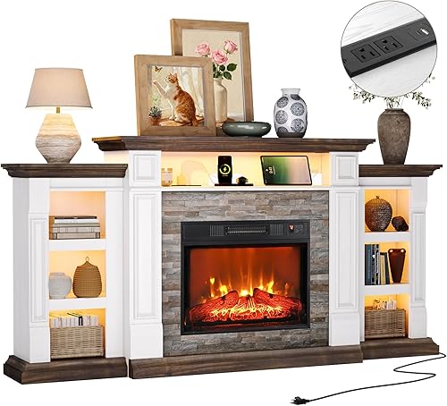 Miniatura 13 de LGHM Chimenea eléctrica de 72 pulgadas con repisa, soporte de TV para televisores de hasta 80 pulgadas, moderno centro de entretenimiento negro con