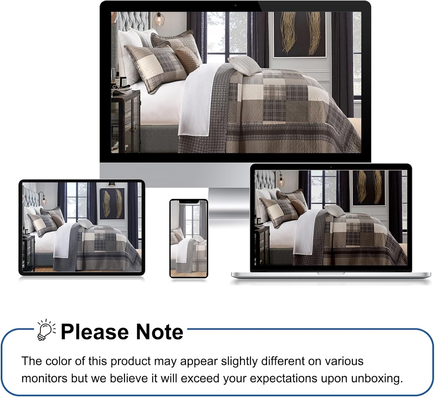 Farmhouse Bedspread King Size 120"x120" - 100% Cotton Lightweight Oversized King Quilt with 2 Pillowshams, Cottage Plaid King Quilted Bedding Bed Spreads Coverlet, Brown/Beige/Khaki - Image 8