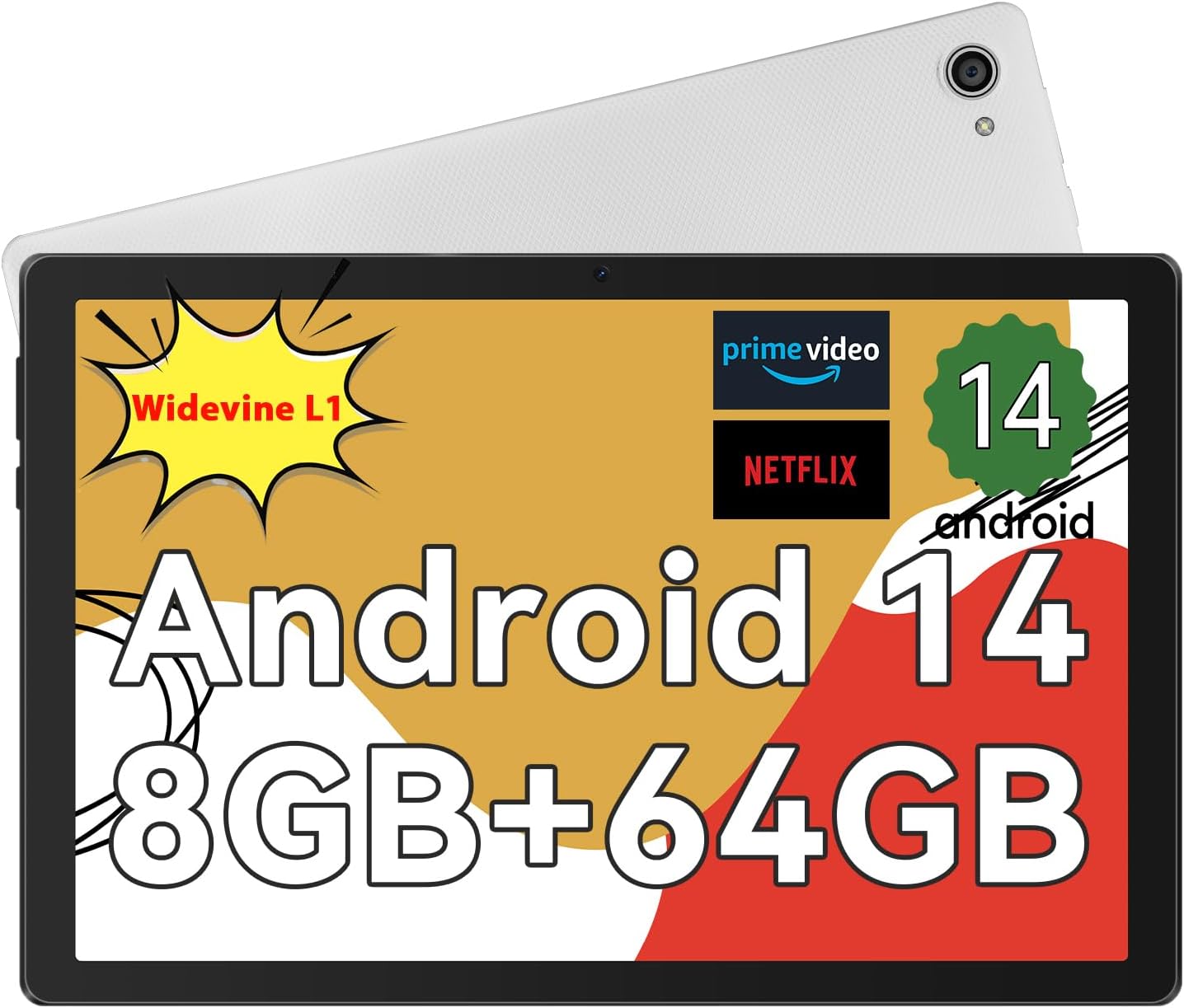 Product image of Whitedeer Tablet 10 inch Octa-Core Processor Android 14 Tablet, Face ID丨OTG, 8GB+64GB/1TB TF, 1280*800丨5G WiFi丨BT5.3丨Tab PC with Dual Camera 5MP+8MP, Support Split-Screen, 5000mAh, Widevine L1(White)