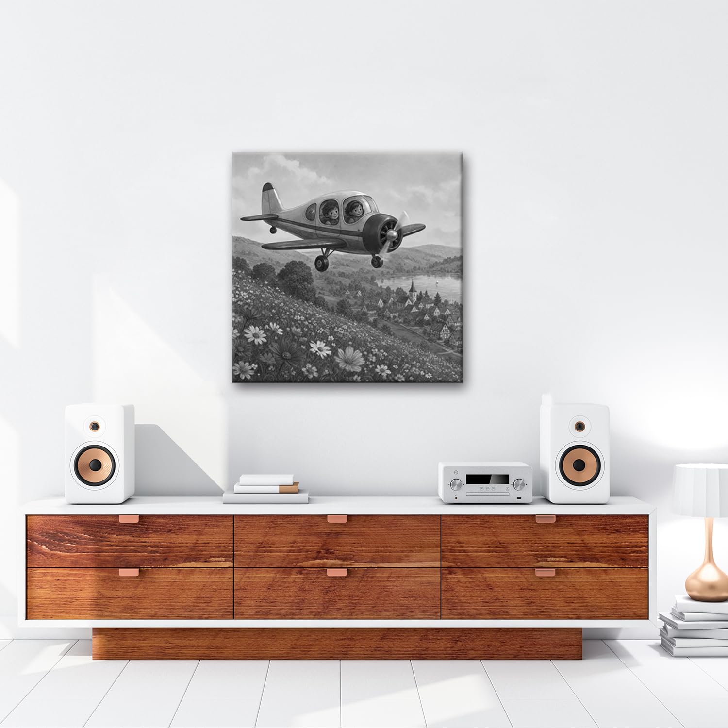 Obraz na płótnie lot dziecka nad kwitnącym krajobrazem 70 x 70 cm