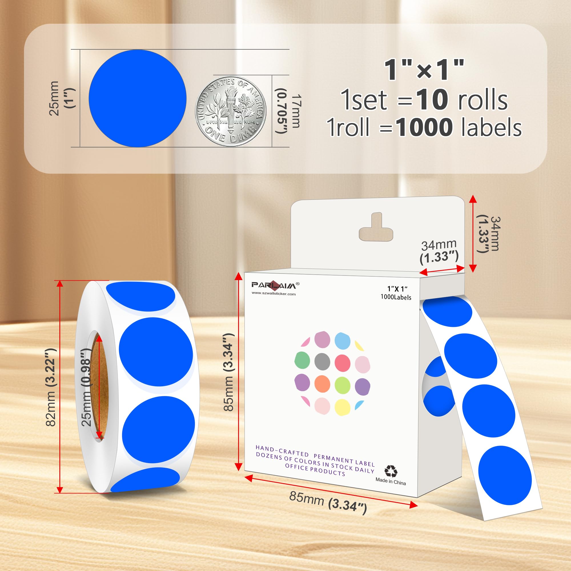 PARLAIM 10000 adesivi colorati a pois rotondi da 2,5 cm, etichette adesive per codifica a colori, per ufficio, classe, adesivi a pois blu, 10 rotoli/confezione