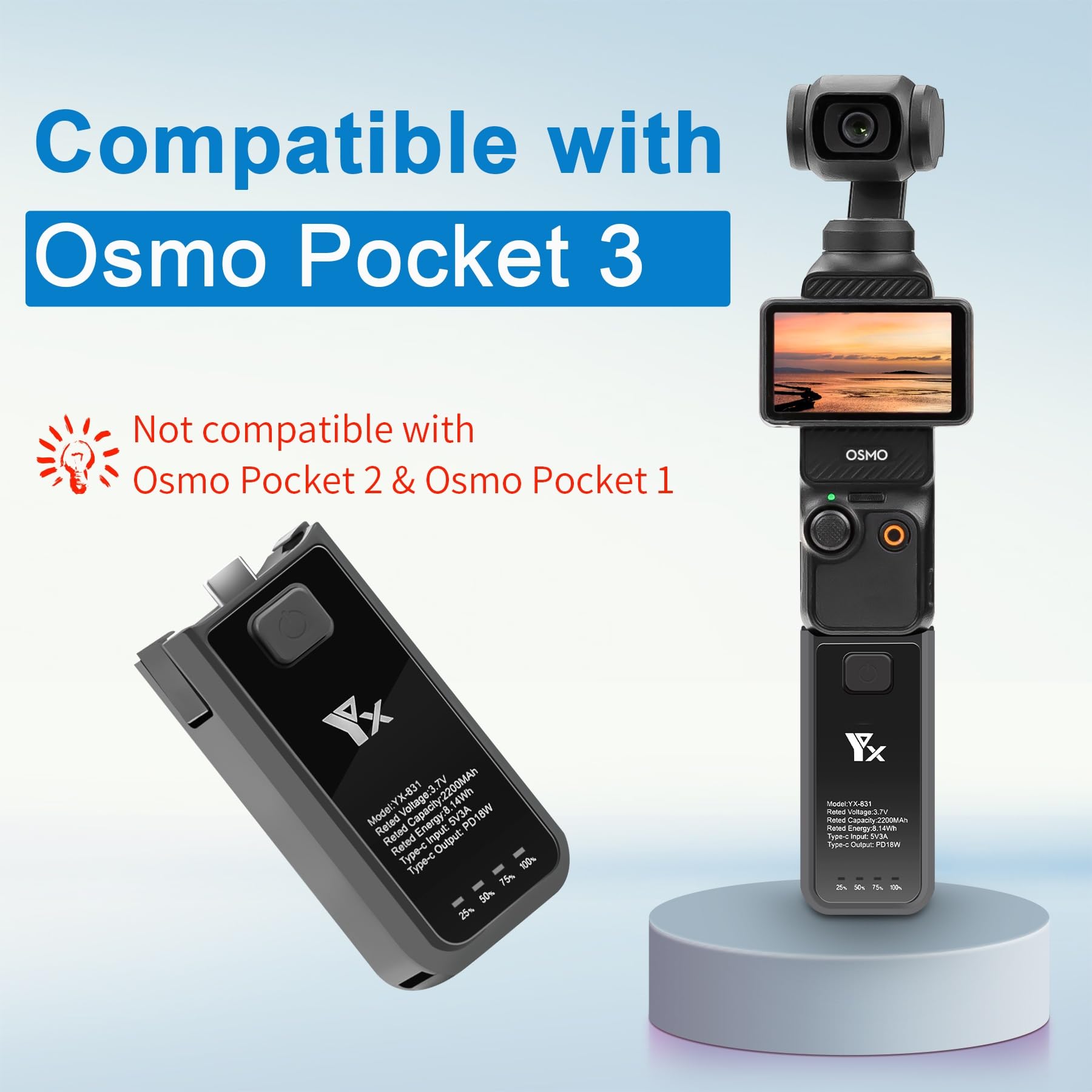 Rozszerzony uchwyt i ładowarka do DJI Osmo Pocket 3-2200 mAh uchwyt baterii z szybkim ładowaniem PD18W, zwiększa 62% czasu użytkowania