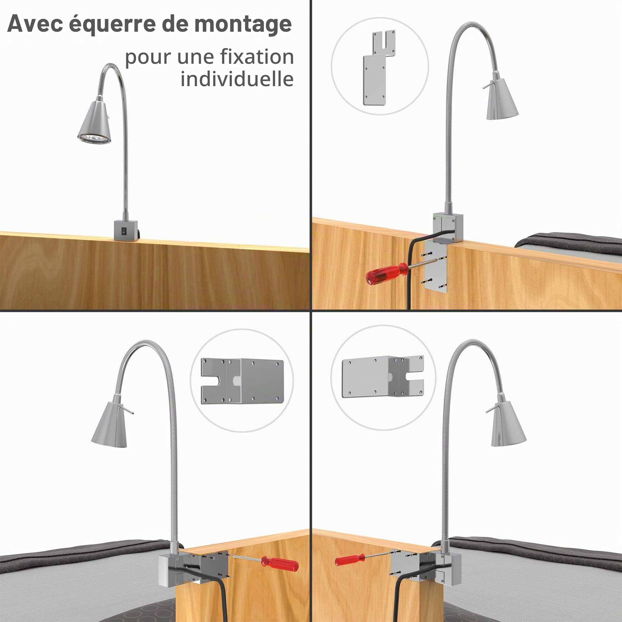 BRILONER - Lot de 2 lampes LED de lecture avec interrupteur, orientables, plusieurs fixations, applique murale intérieure, lampe murale, lampe de lit, lampe de chevet, 40,3 cm, nickel mat