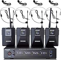 Vista 1 de Sistema de micrófono inalámbrico UHF de 4 canales con micrófonos de auriculares Lavalier, frecuencias ajustables de 4 x 50, ideal para reuniones