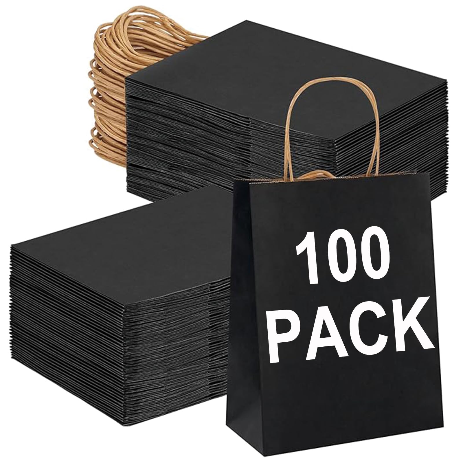 BAG BOX 100 Pack Medium 5.9x3.1x8.25Inch Black Kraft Paper Gift Bags with Handles for Bulk Shopping, Retail, Craft, Party Favors, Wedding, Grocery &
