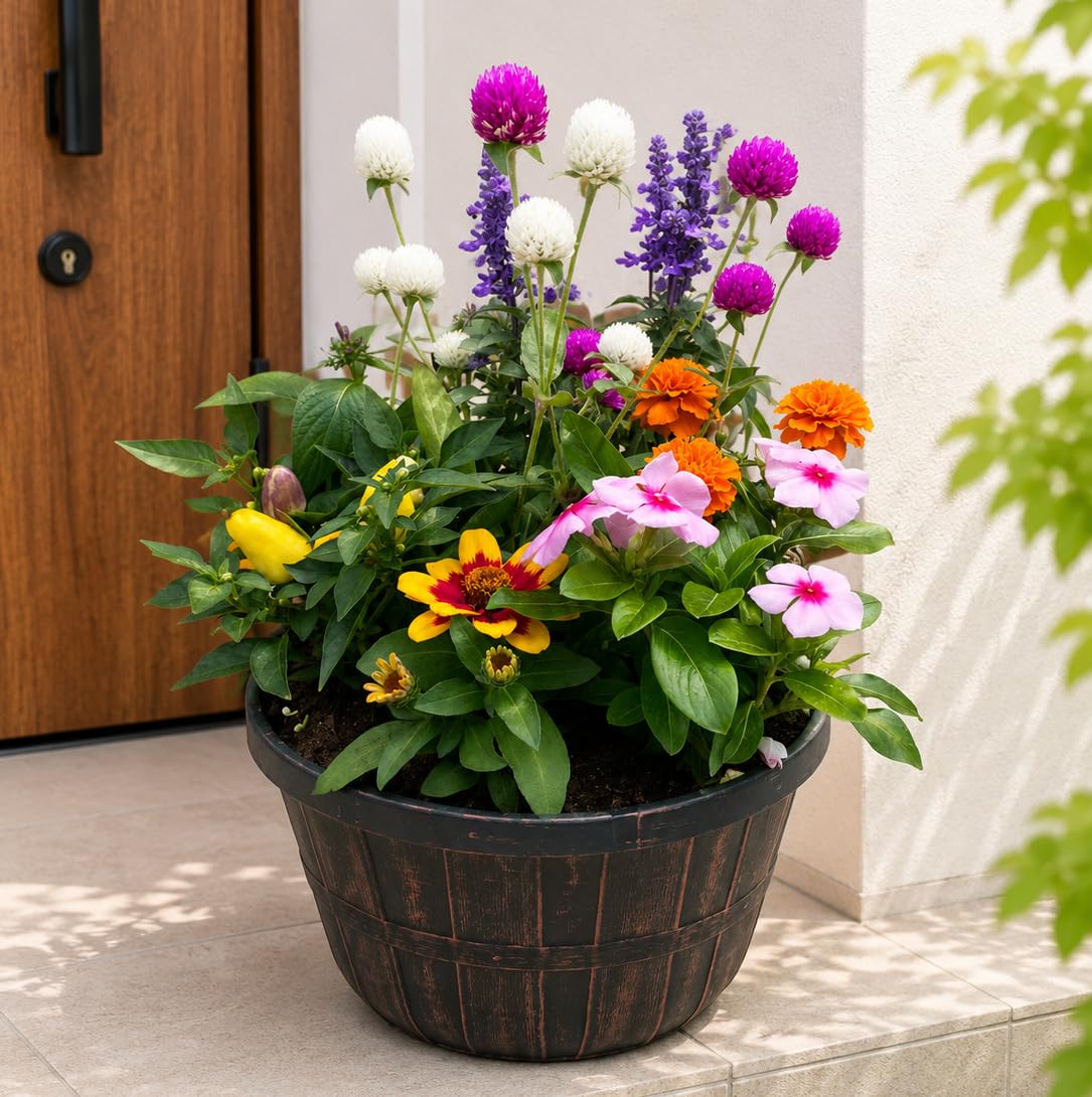 Amazon.co.jp: 季節の寄せ植え アンティーク（樽）柄 軽量プラスチック