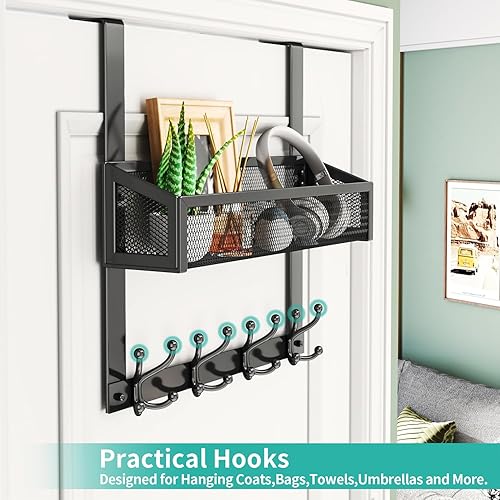 Miniatura 50 de HapiRm Gancho para puerta con 2 cestas de malla y 9 ganchos, acero inoxidable 304 sin perforaciones sobre el colgador de puerta, organizador