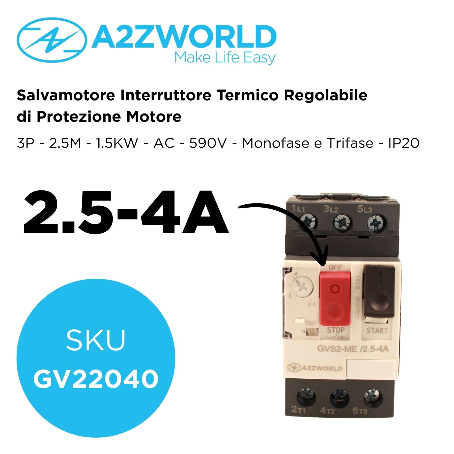 Salvamotore Termico 3P Tripolare per Protezione Motore, Regolabile 2.5-4A 1.5KW, Interruttore Termico Motore 2.5 Moduli DIN, 690V AC Per Monofase e Trifase