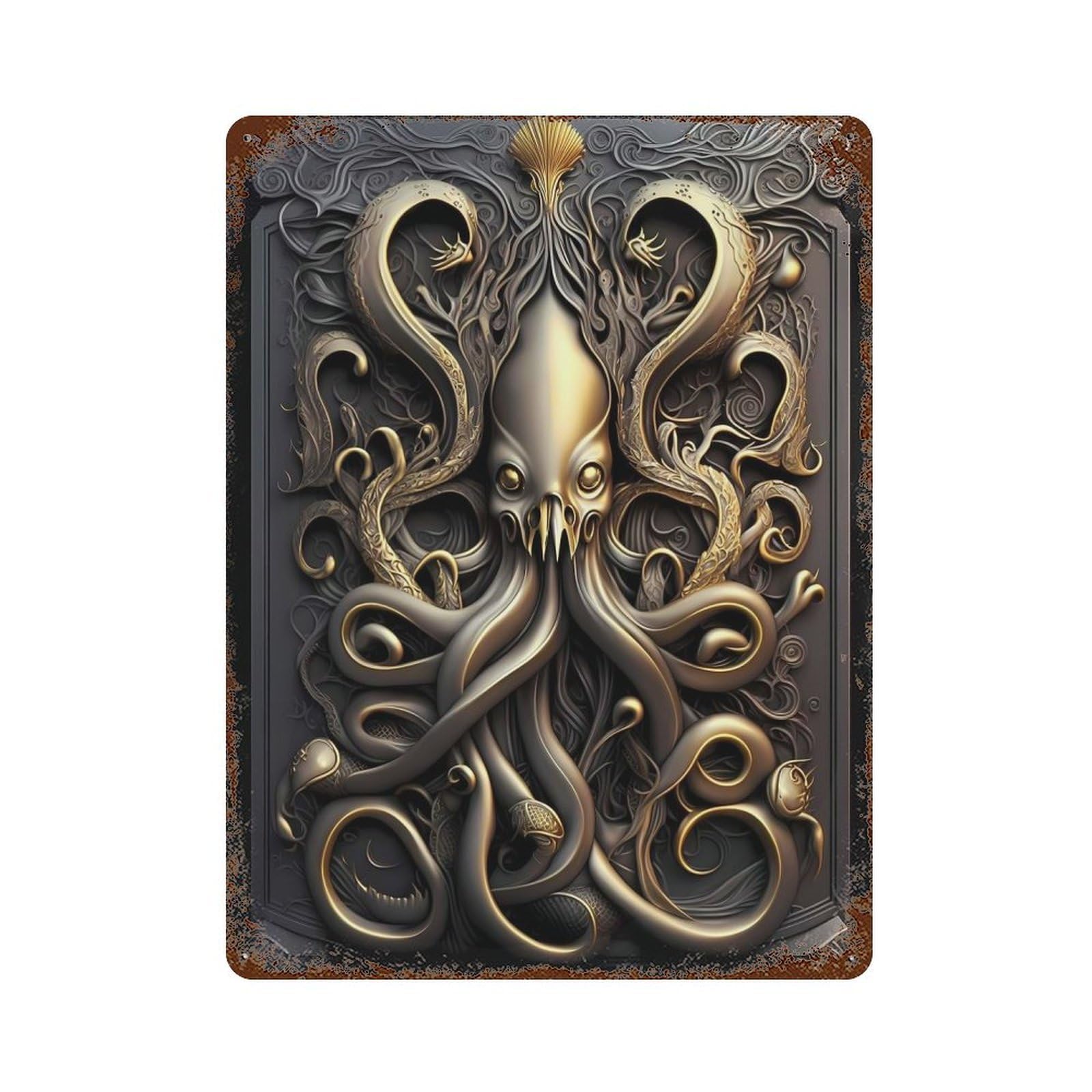 Epic Kraken Golden Monster Decorative Tin Sign 15.7"x11.8", Vintage Wall Decor for Basement, Hobby Room And Garage Decor