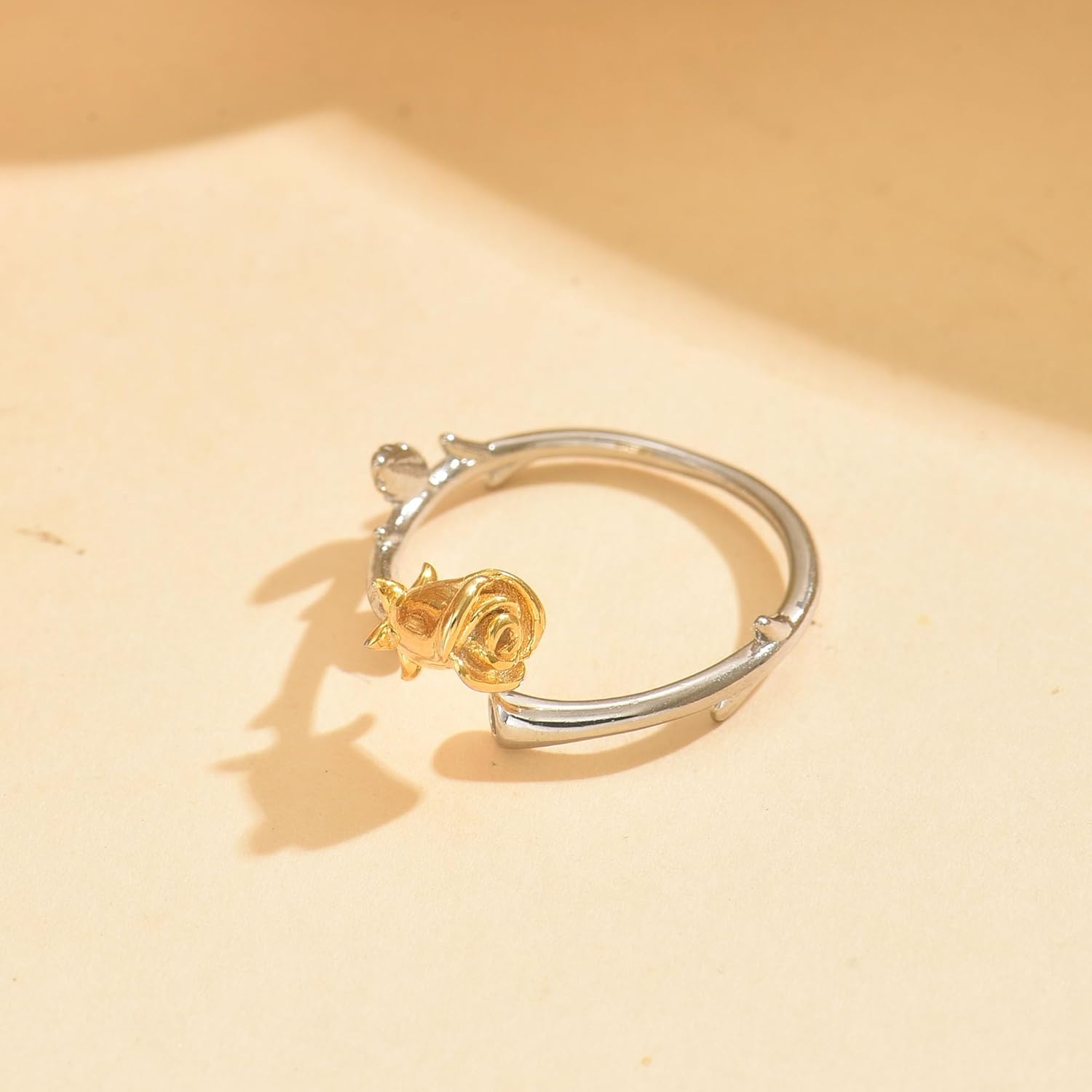 Valentines Day Gifts 925 Sterling Silver Rose Flower Ring for Women Dainty 14k Gold Plated Cute Rose Promise Ring to Daughter Mom Two-Tone Stackable Band Ring Jewelry Adjustable Size 5 to 8 - Image 7