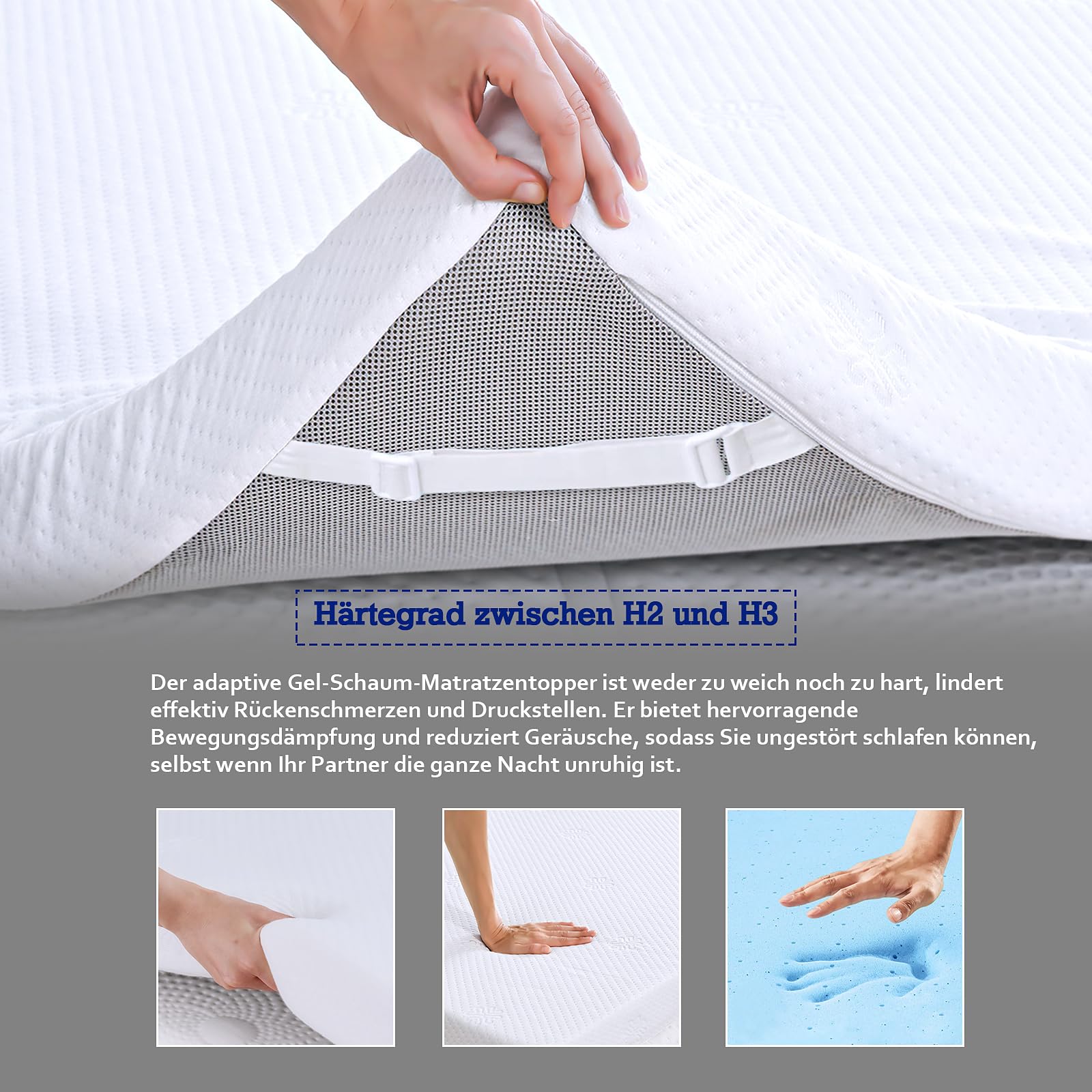 Topper 90x200 cm, Gel-Topper lindert Rücken- und Körperschmerzen, H2/H3, Premium Gelschaum RG 50, Matratzentopper ohne Geruch für Sensible geeignet, 7,5 cm hoch,120-Tage risikofreie Testphase