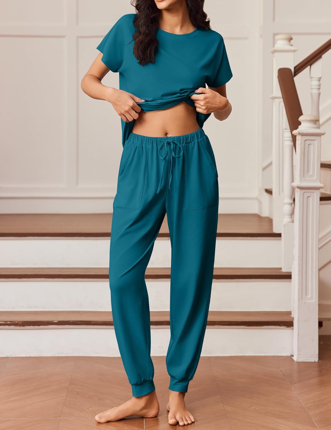 Ekouaer Womens Pajama Sets 100% Cotton Pajamas Short Sleeve Pj Top With Jogger Pants 2 Piece Lounge Set with Pocket - Image 3