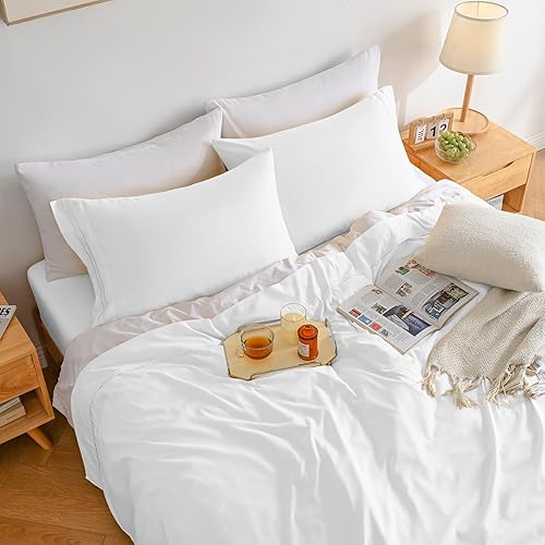 Miniatura 6 de Juego de sábanas blancas de tamaño matrimonial, juego de sábanas bajeras y fundas de almohada de bolsillo profundo, 4 piezas de microfibra de