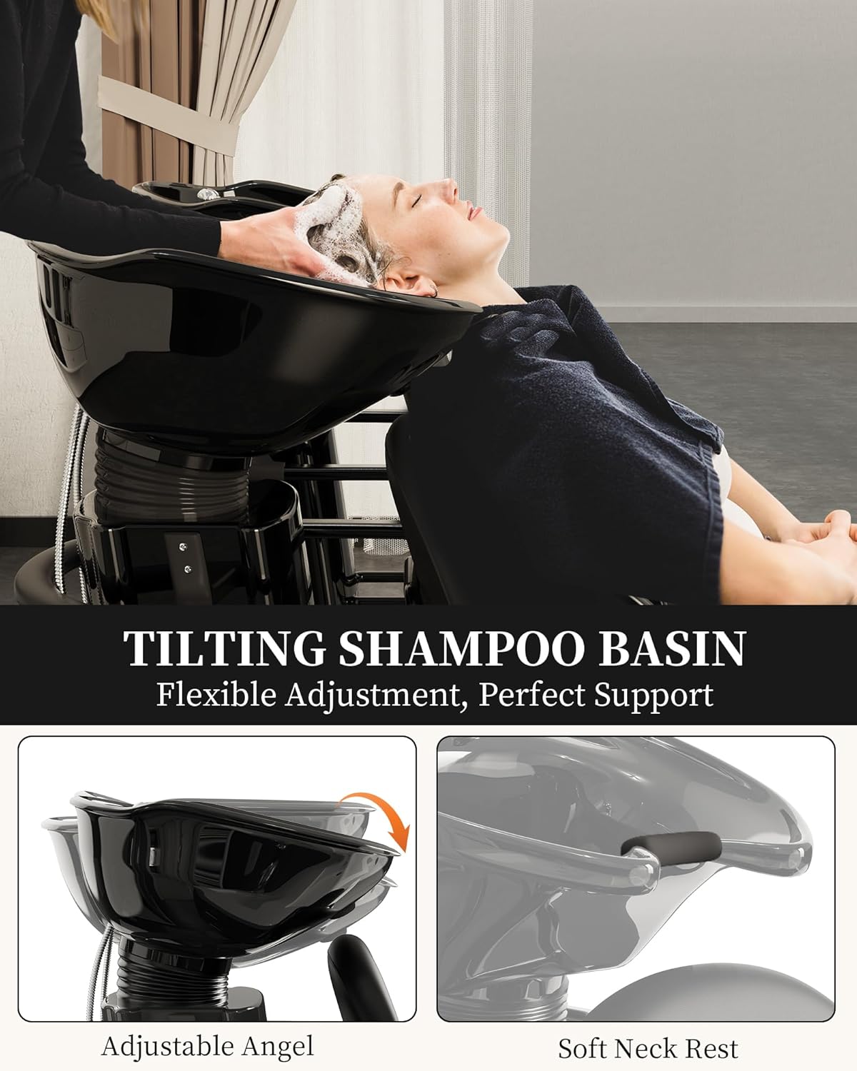 Baasha Shampoo Bowl and Chair Set for Salon, Professional Shampoo Chair with Bowl and Soft Neckrest, Comfortable Sponges Cushion, Adjustable Head Spa Chair for Barbershop - Black