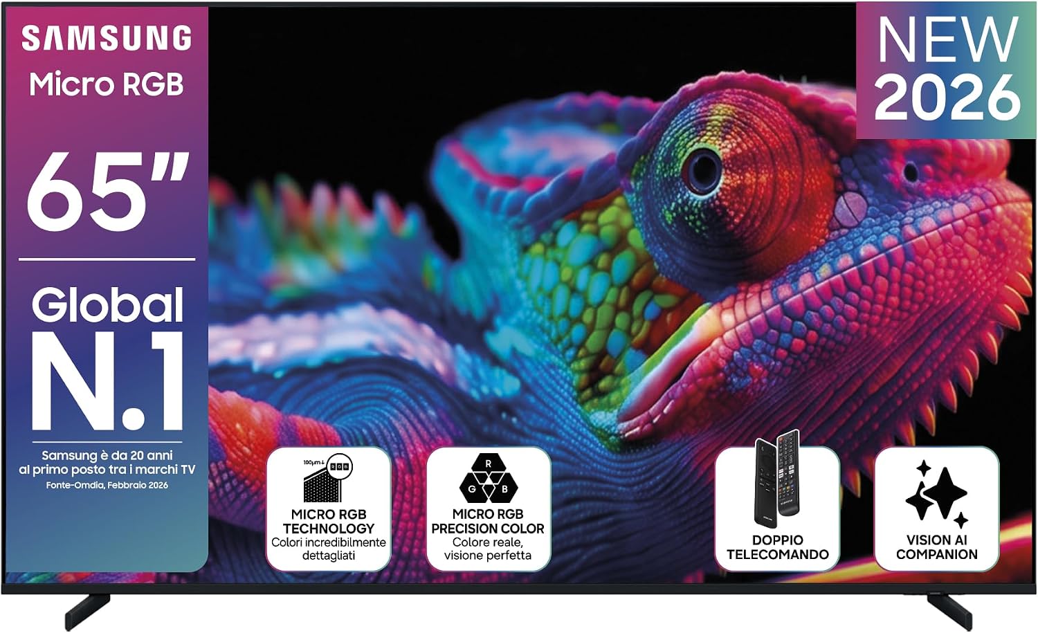 Samsung Smart TV 65" MRE65R85HATXZT Micro RGB 4K Vision Glare Free, HDR10+, Motion Xcelerator 144Hz, Dolby Atmos, Super Picture Enhancer, Vision AI, Alexa Built-in, PACCHETTO INTRATTENIMENTO, 2026