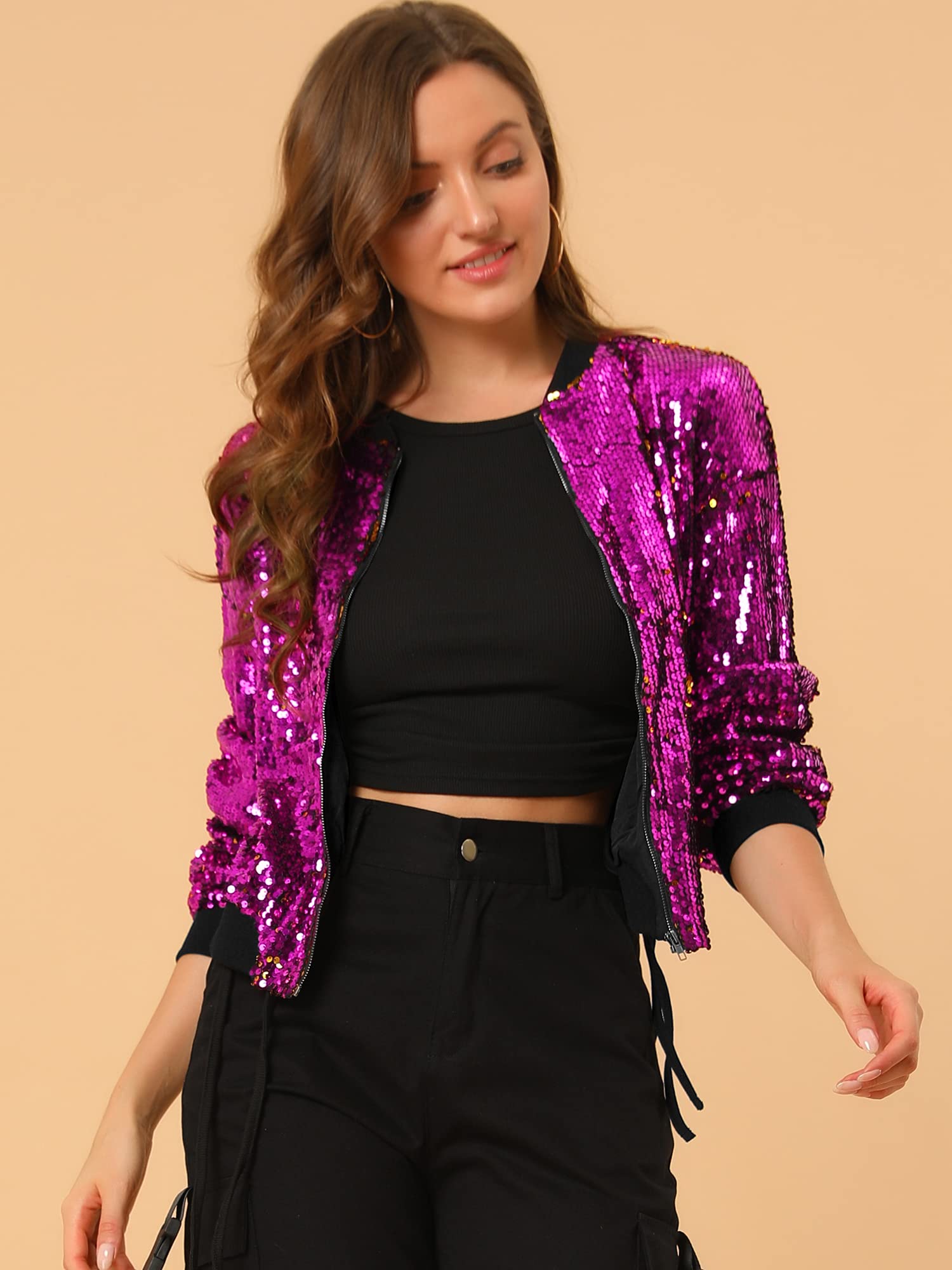 Allegra K Bomber à paillettes et fermeture éclair à manches longues pour femme