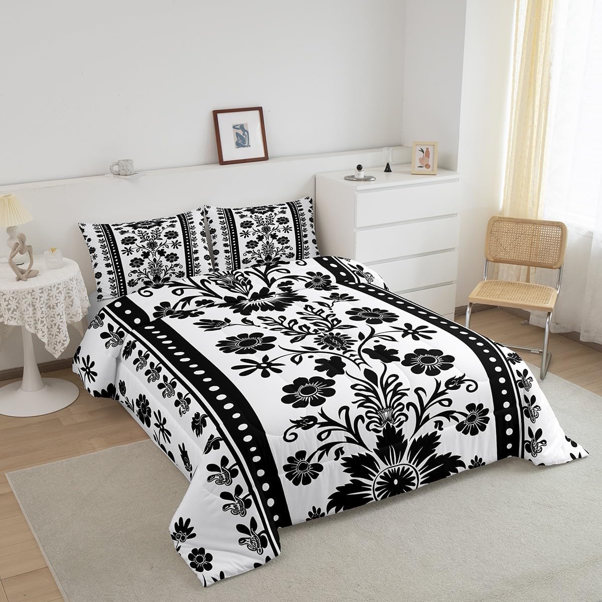 Feelyou Kids Black Damask Gothic Comforter Queen Size for Kids Boys WomenVictorian Baroque Bedding Set Antique Goth Comforter Set Vintage Floral Duvet Set with 2 Pillow Case