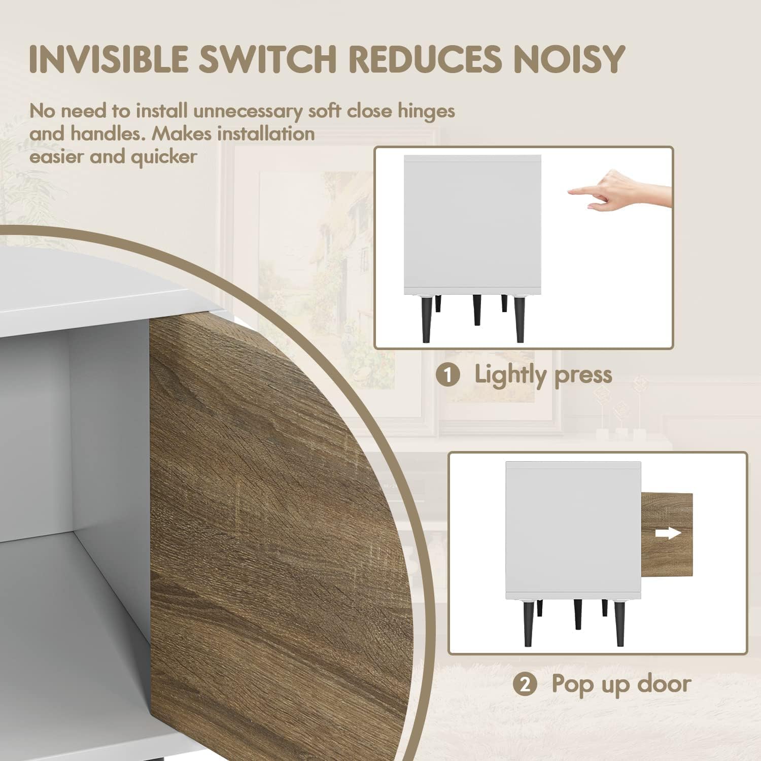 YESHOMY Modern TV Stand for 65" Television, Entertainment Center with Two Storage Cabinets and Open Shelves, Retro Style Media Console for Living Room, Bedroom, Office, 58 Inch, White and Beige - Image 2